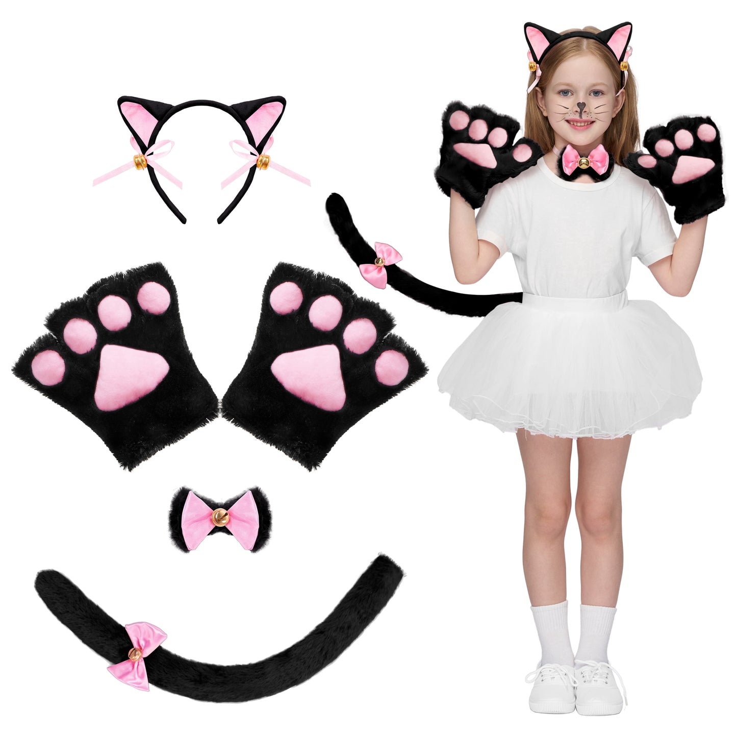Joyfy 5 Pcs Cat Costume Accessory Set for Adults & Kids - Kitty Halloween Costume with Cat Ears Headband, Paws Gloves, Bow Tie, Tail for Party Cosplay