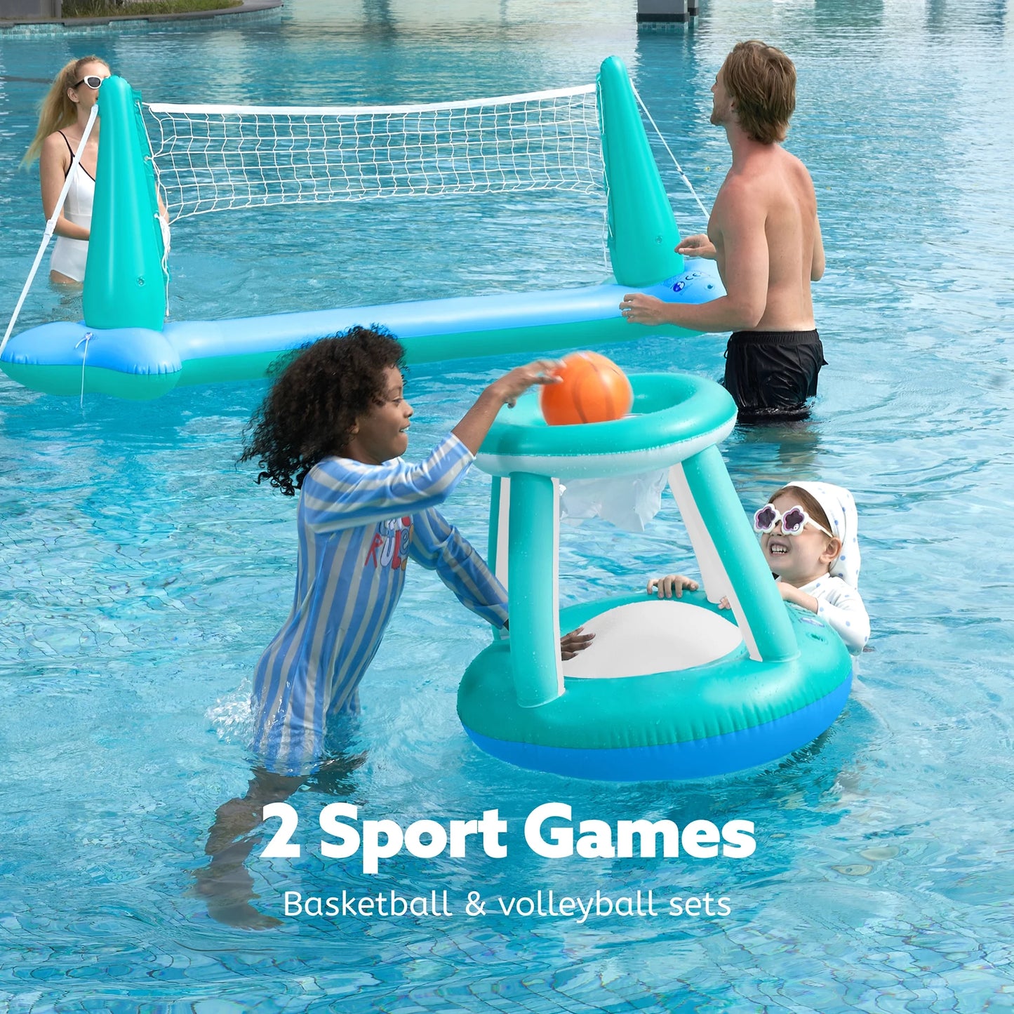 SYNCFUN Inflatable Pool Float Game Set with Inflatable Volleyball Net & Basketball Hoops, Summer Pool Game for Kids and Adults