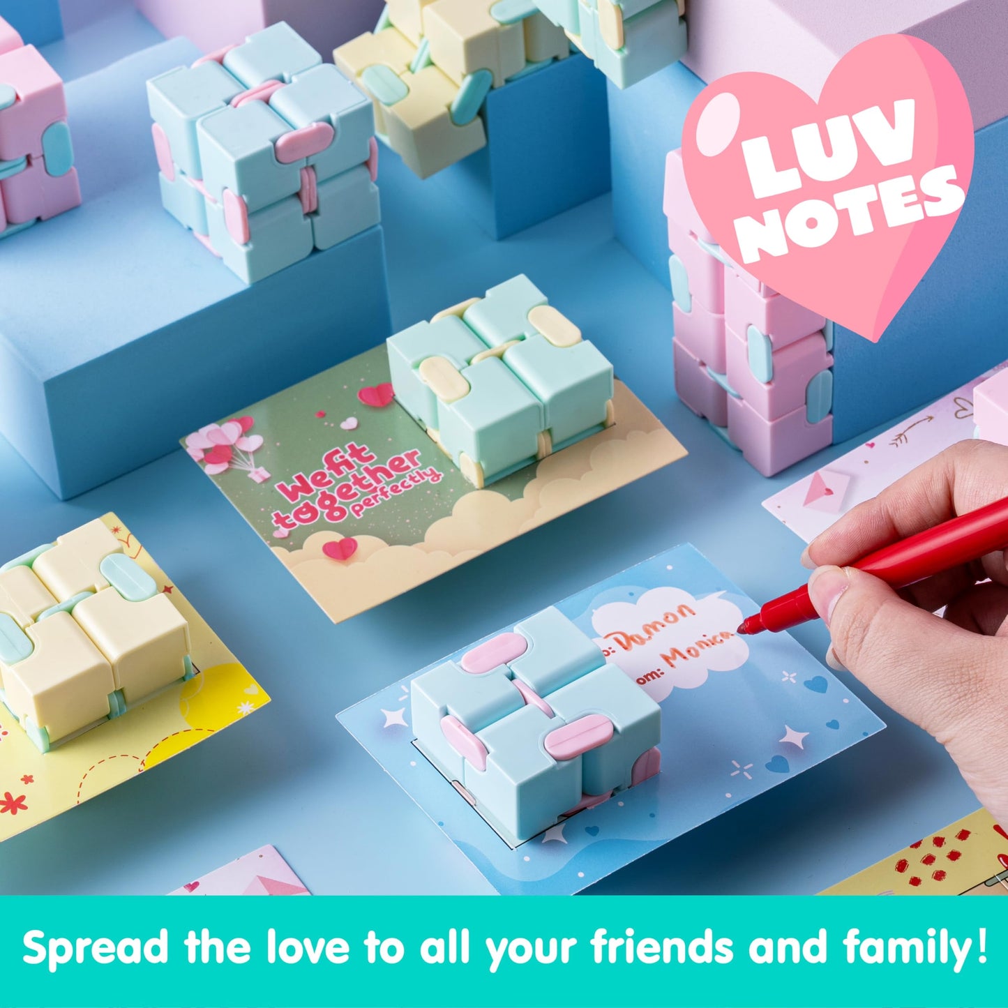 28 Packs Valentines Cards with Fidget Cube for Kids, Snake Cube Fidget Puzzles s for Kids Valentines Class Exchange Cards