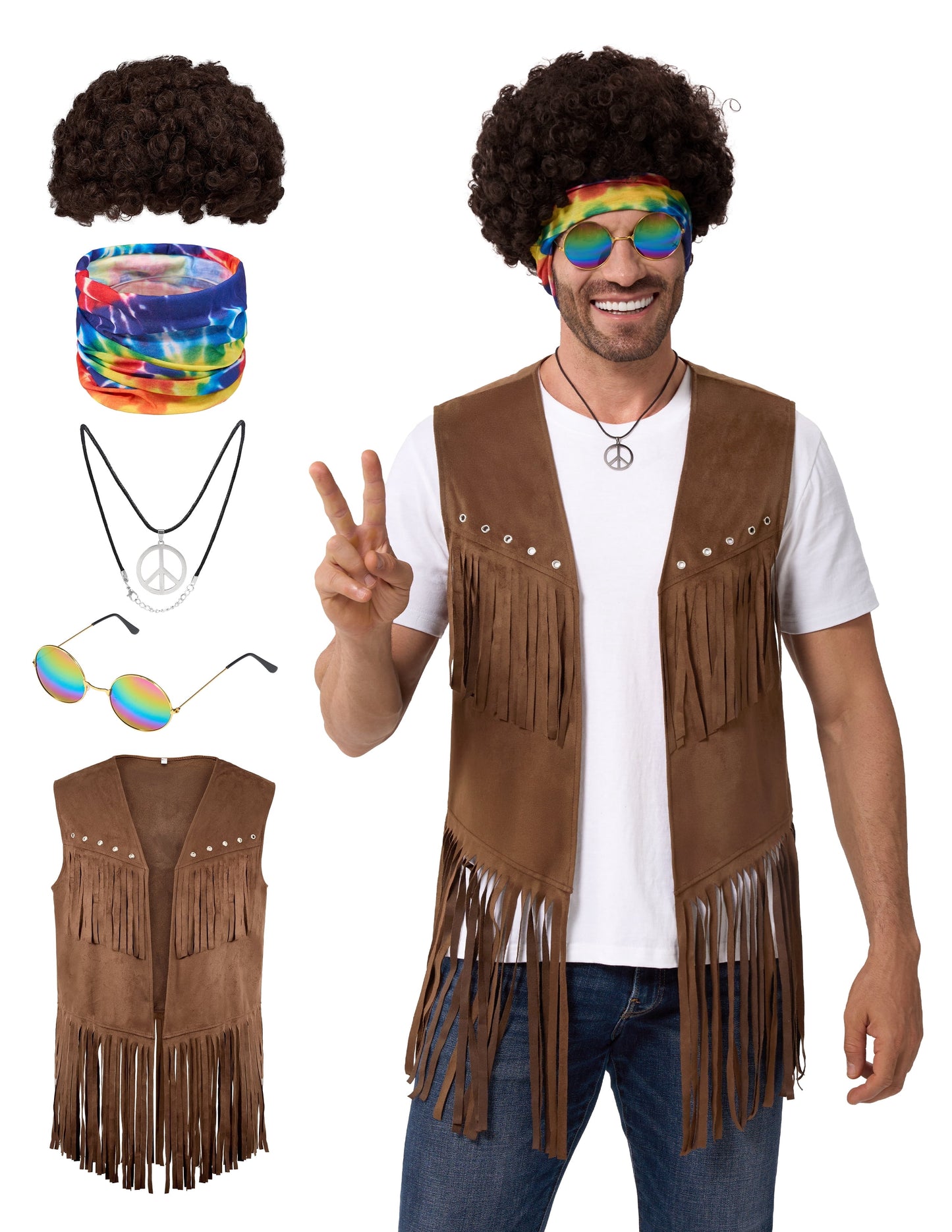Joyfy Men's Hippie Vest Costume Set 60s 70s Fringe Retro Halloween Outfit for Adult Halloween Themed Party Cosplay