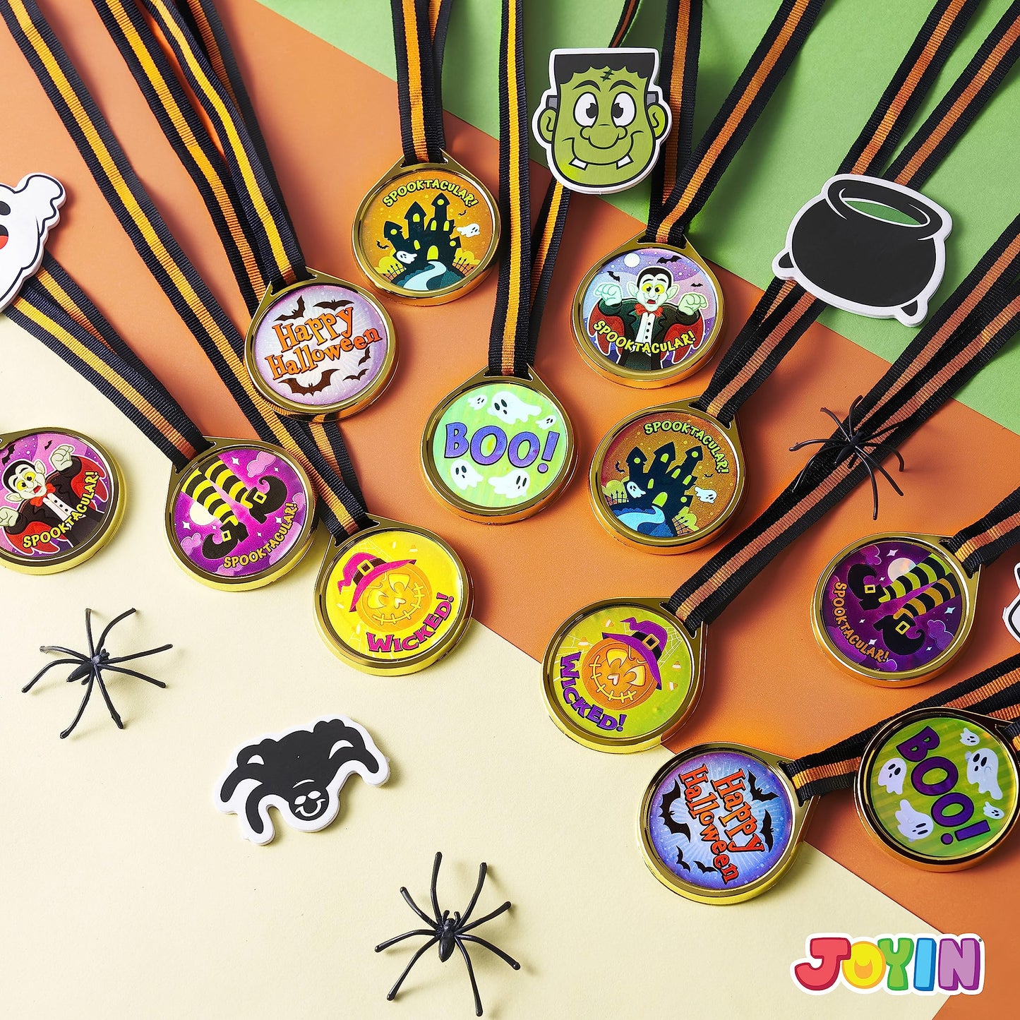 JOYIN 24 PCS Halloween Medal Trophies and Trophy Ribbons for Halloween Award Party Celebration and Spooky Contest Rewards, Halloween Party Favors for Kids, Carnival Game Prizes