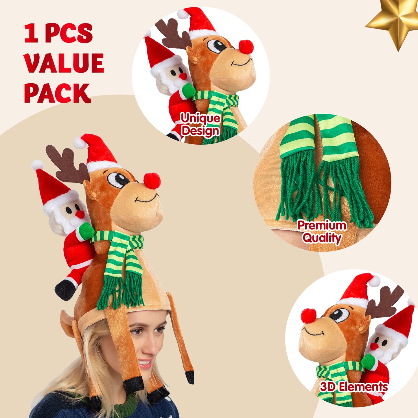 SYNCFUN Christmas Hat,Funny Hat Novelty Santa Hat Crazy Hats Reindeer Hat Christmas Party Cute Accessories
