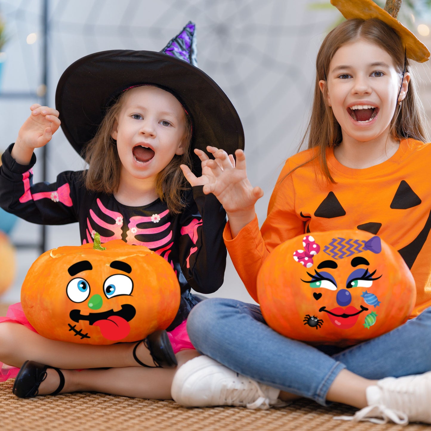 SYNCFUN 40 Pcs Halloween Stickers Pumpkin Decorations Kit with 12 Designs,Pumpkin Face Stickers for Halloween Party Supplies Games,Halloween Crafts for Kids