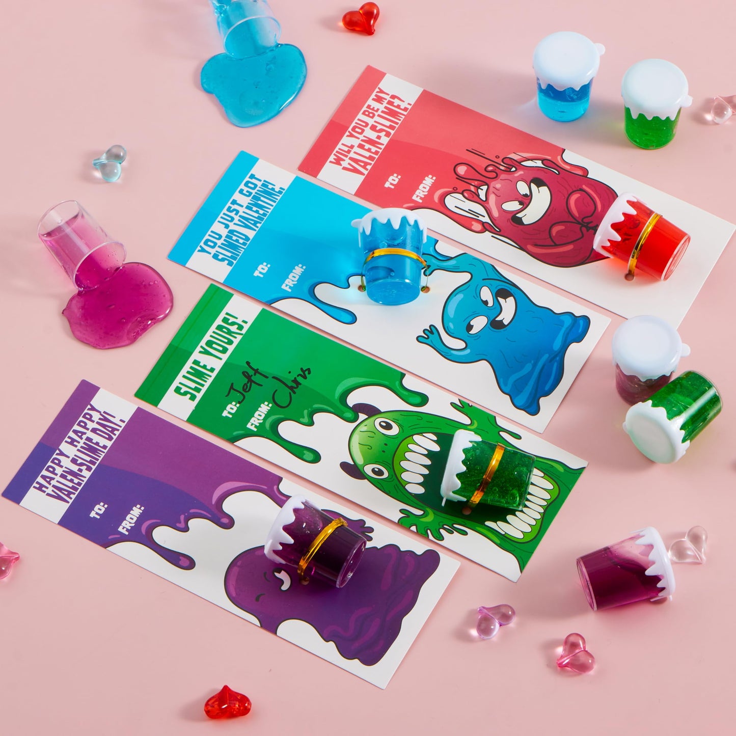28 PCS Valentines Day Cards with Slime, Stress Relief Fidget Slime Valentines Toy for Kids Valentines Classroom Favors Exchange Card Gifts pack