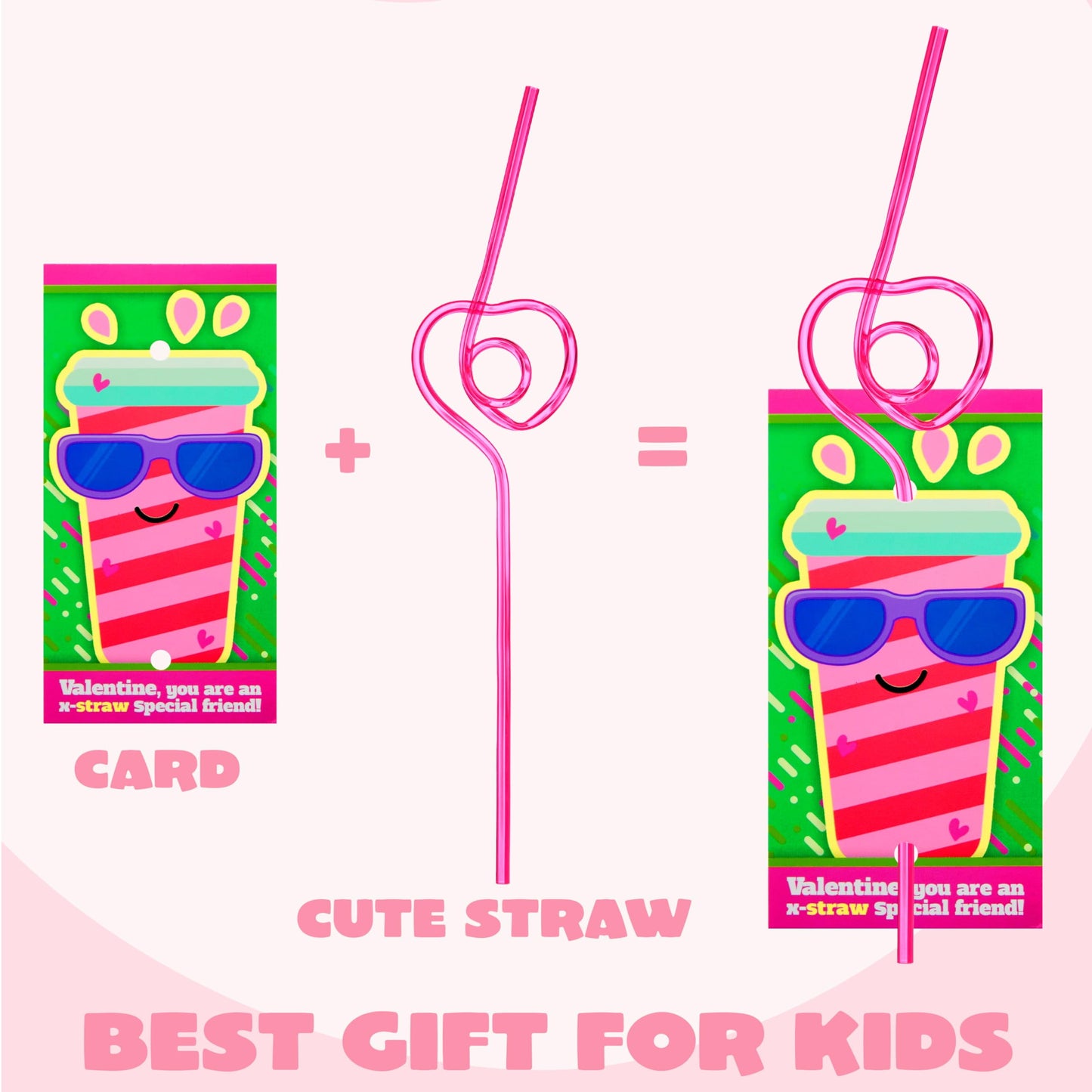 32 Packs Valentines Day Cards with Colorful Crazy Loop Reusable Drinking Straws for Kids, Valentines School Class Exchange Cards for Girls Boys, Valentines Party Favors