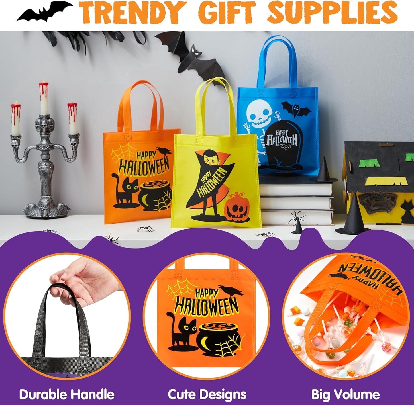 Joyfy 32 PCS Non Woven Halloween Tote Gift Bags for Kids, 6 Design Trick or Treat Bags for Classroom Party Favor Supplies, Halloween Goodie Bag Bulk