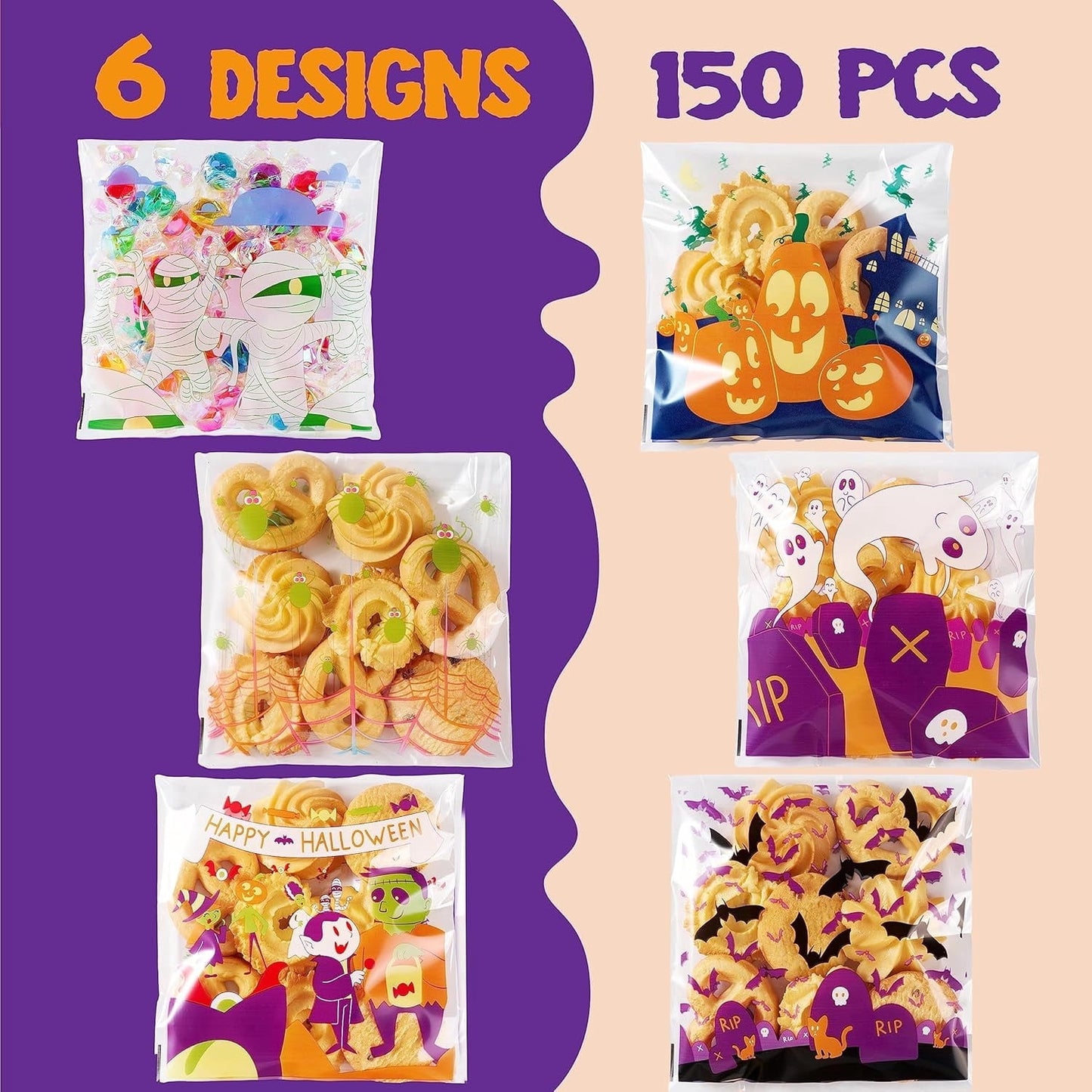 Joyfy 150 PCS Halloween Treat Bags,Small Goodie Bags Clear Cookie and Candy Bags for Kids Trick or Treating,Cellophane Bags Halloween Party Supplies