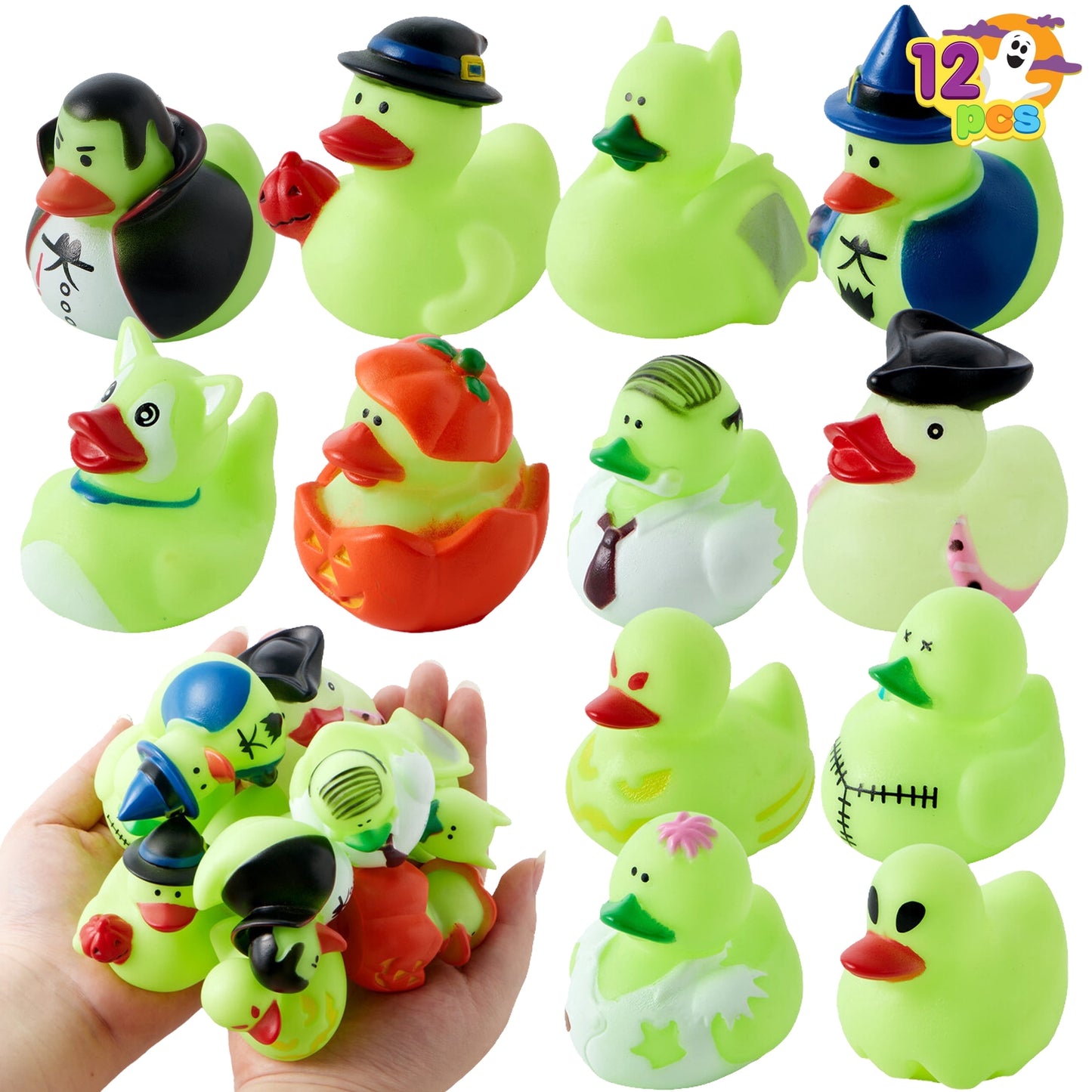 Joyfy 12 Pcs Halloween Rubber Ducks,Halloween Toys Glow-in-The-Dark Rubber Ducks in Bulk for Baby Toddlers Kids,Halloween Bath Toy Basket Prizes,Halloween Toys for Trick or Treaters