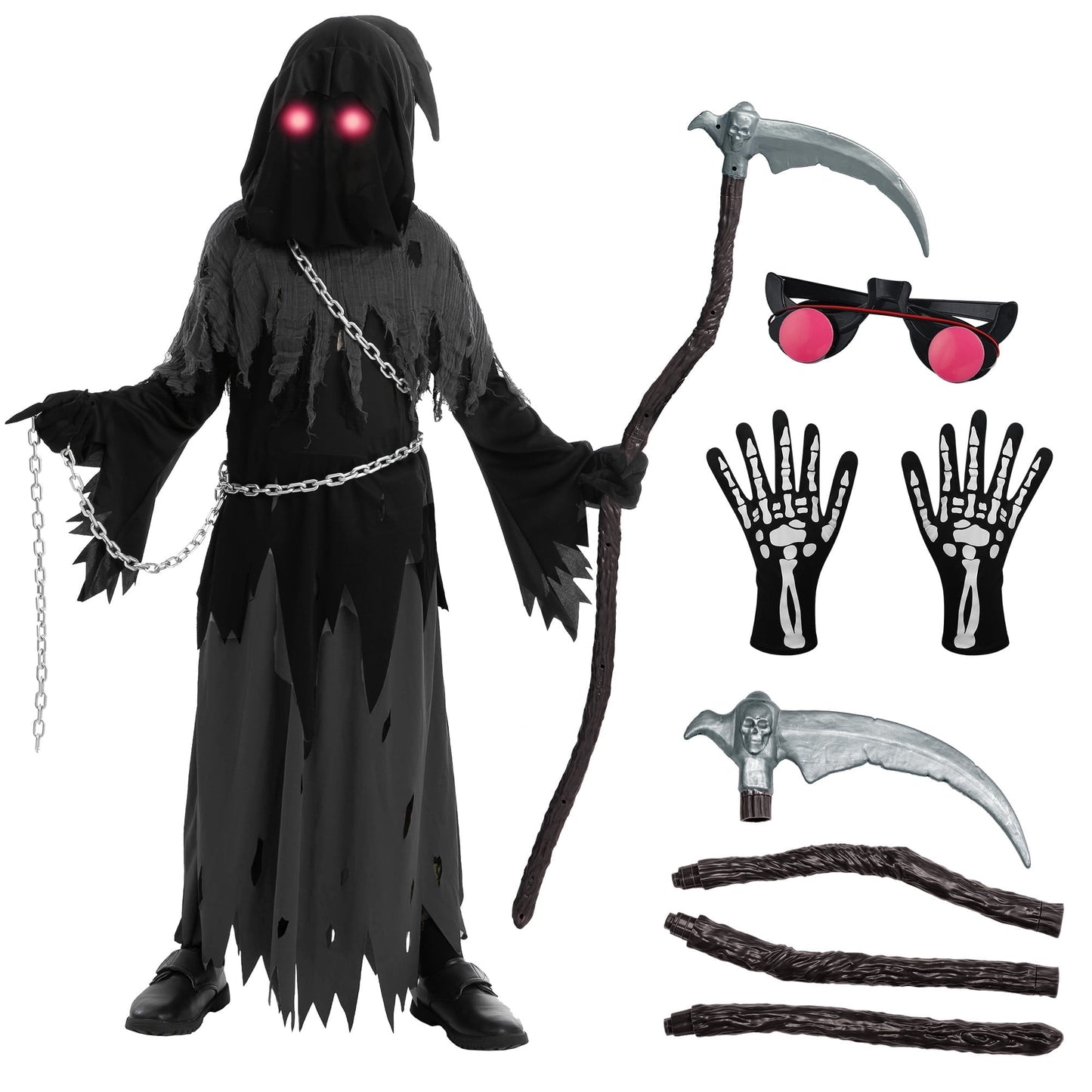 Joyfy Child Glowing Eyes Grim Reaper Costume, Phantom Costume for Kids Halloween Fancy Dress Up 5 12 Years