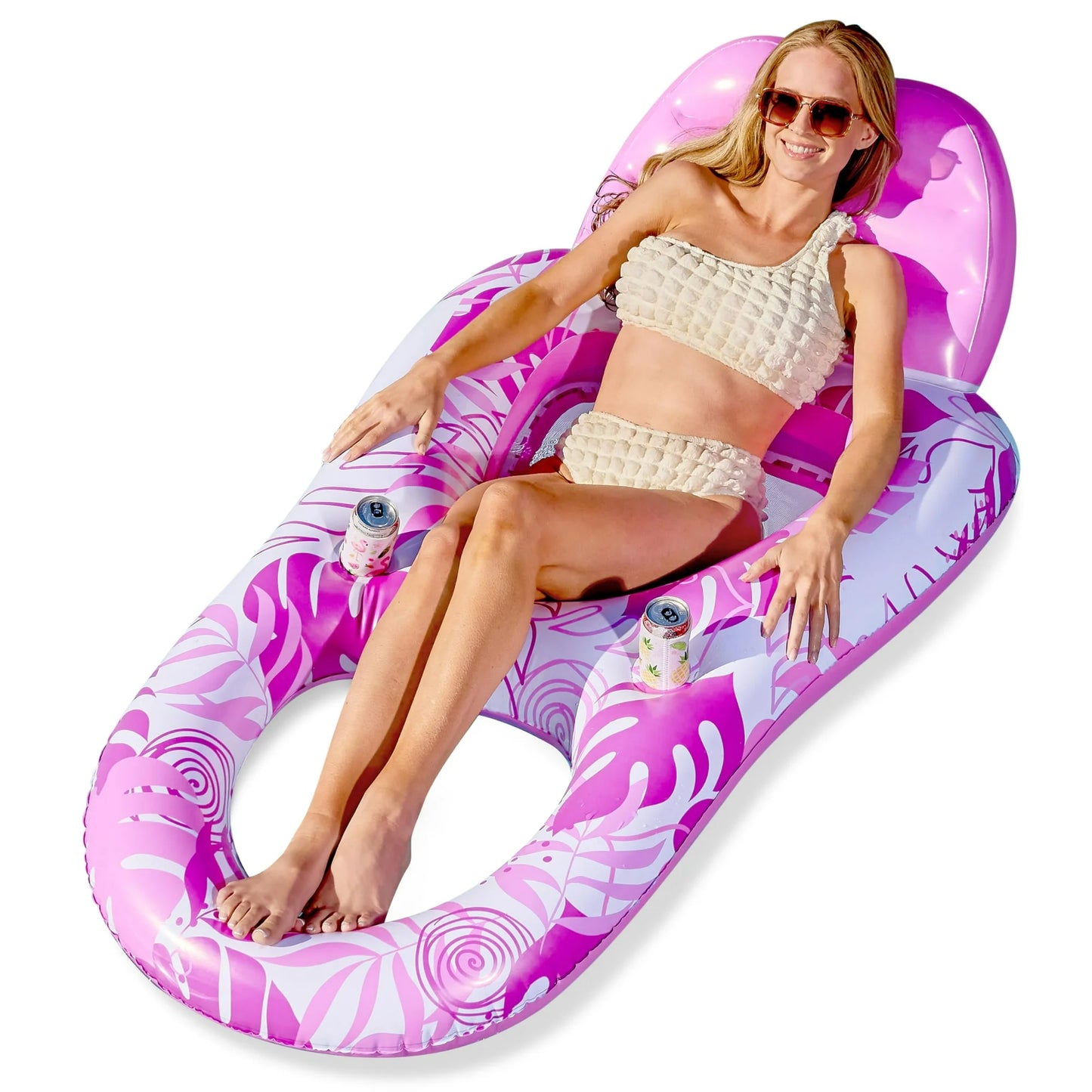 Syncfun Pool Lounge Float for Adult, Inflatable Pool Floats Lounger Raft Floaties with Cup Holders, Pink Pool Chair