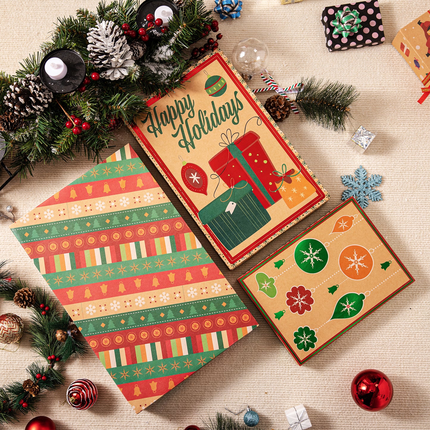 SYNCFUN 12 Pcs Christmas Foil Kraft Gift Boxes with 3 Sizes (Robe, Shirt and Lingerie Boxes) for Xmas Goody Gift Boxes, School Classrooms Party Favors Decoration, Holiday Present Wrap Décor