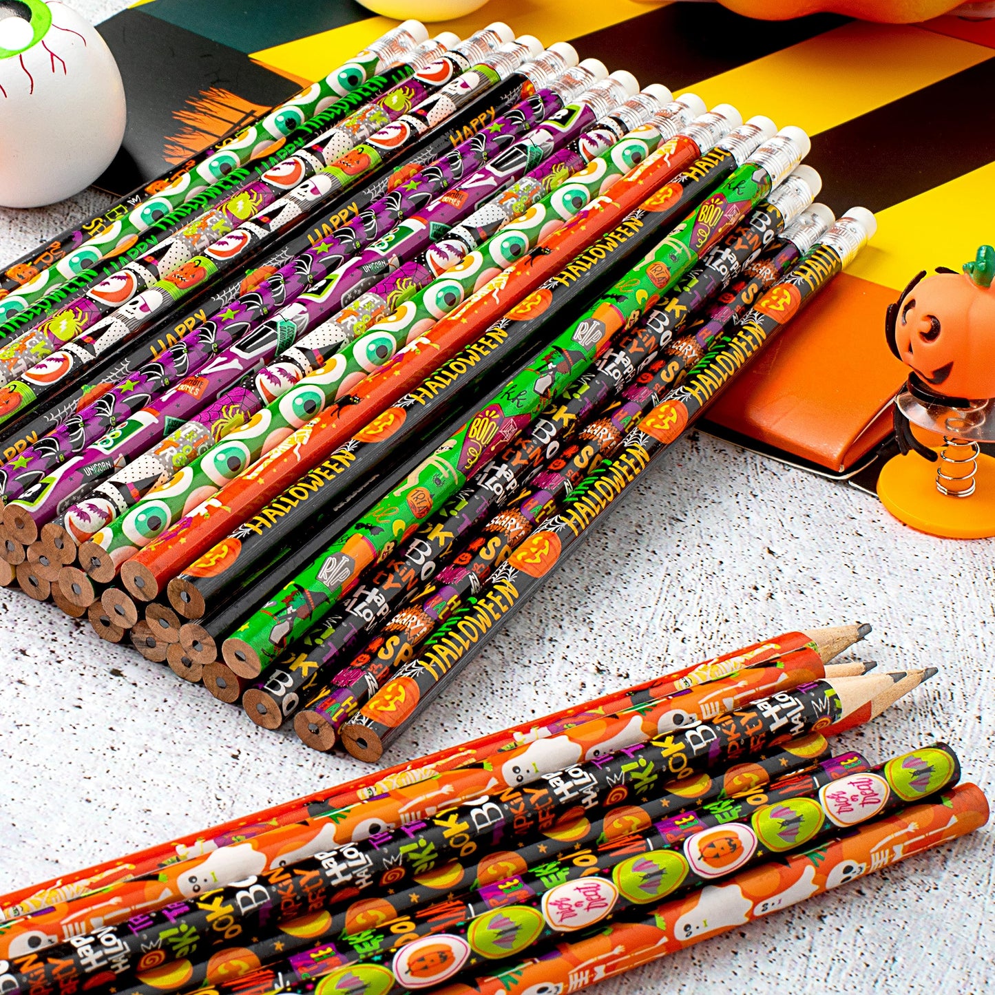 SYNCFUN 48 Pcs Halloween Pencils Bulk with Eraser for Kids,Colorful Pencils Stationery Pencil Set,Halloween Favors Prizes for Kids,Halloween Bulk Toys