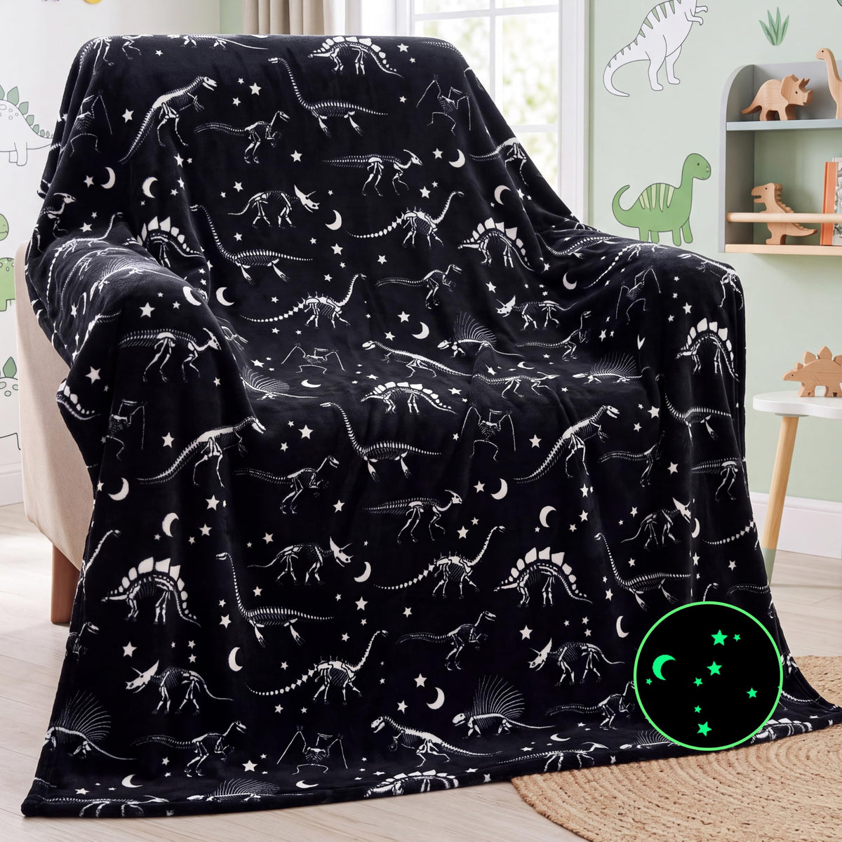 Joyfy Glow in The Dark Blanket Gifts for Girls Boys 50" x 60" Soft Cozy Flannel Kids Throw Blanket–Dinosaur Fossil