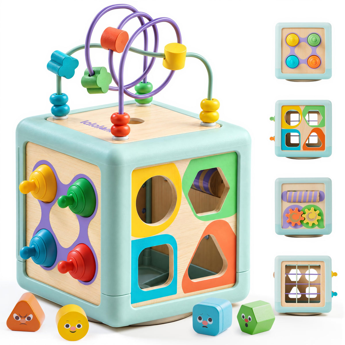 lalalark Wooden Montessori Activity Cube for Babies 6+ Months, Sensory Toy with Sound-Making Blocks, Stretchy Bands, Sliding Beads, Fine Motor & Problem-Solving Skills
