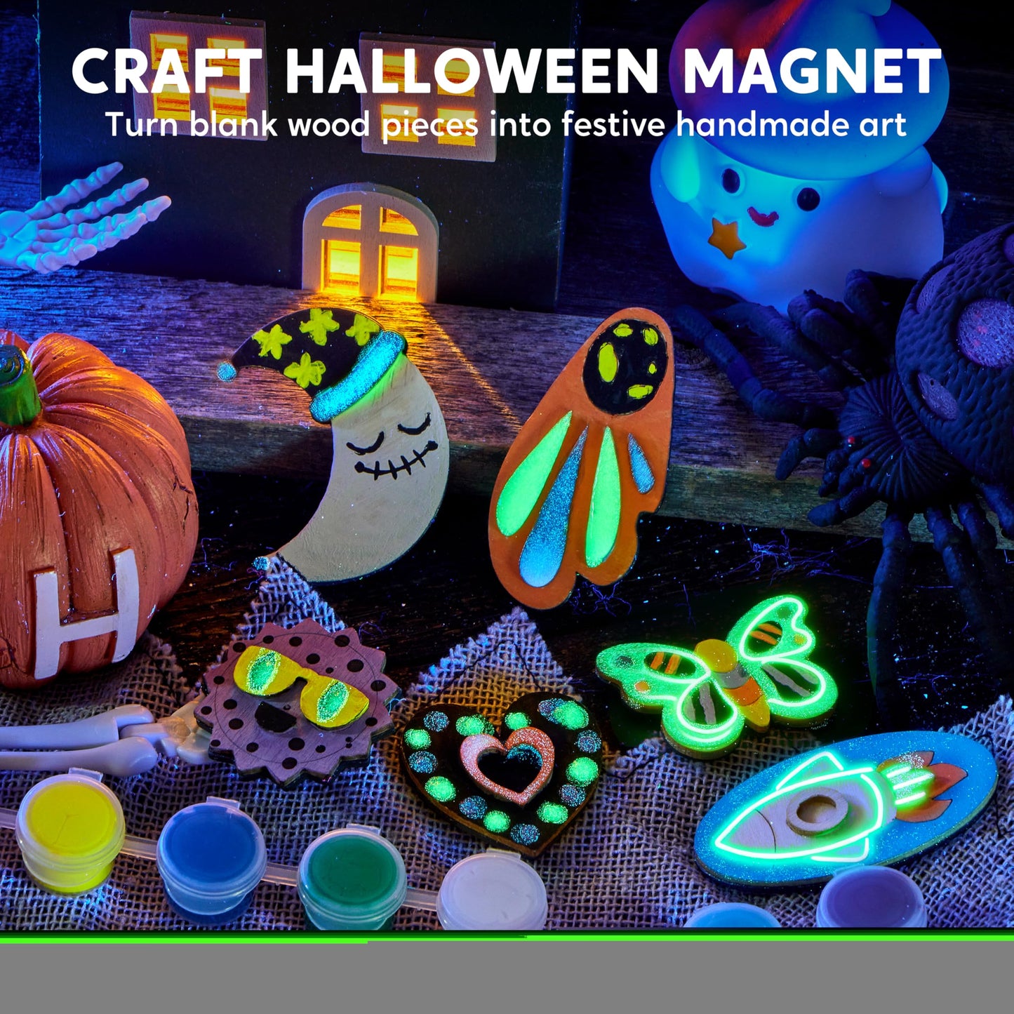 Joyfy 12 Pcs Wooden Magnets Painting Art & Craft for Kids, Glow in The Dark Painting Kit, Halloween Crafts Christmas Gift, Party Favors for Boys Girls Ages 3+