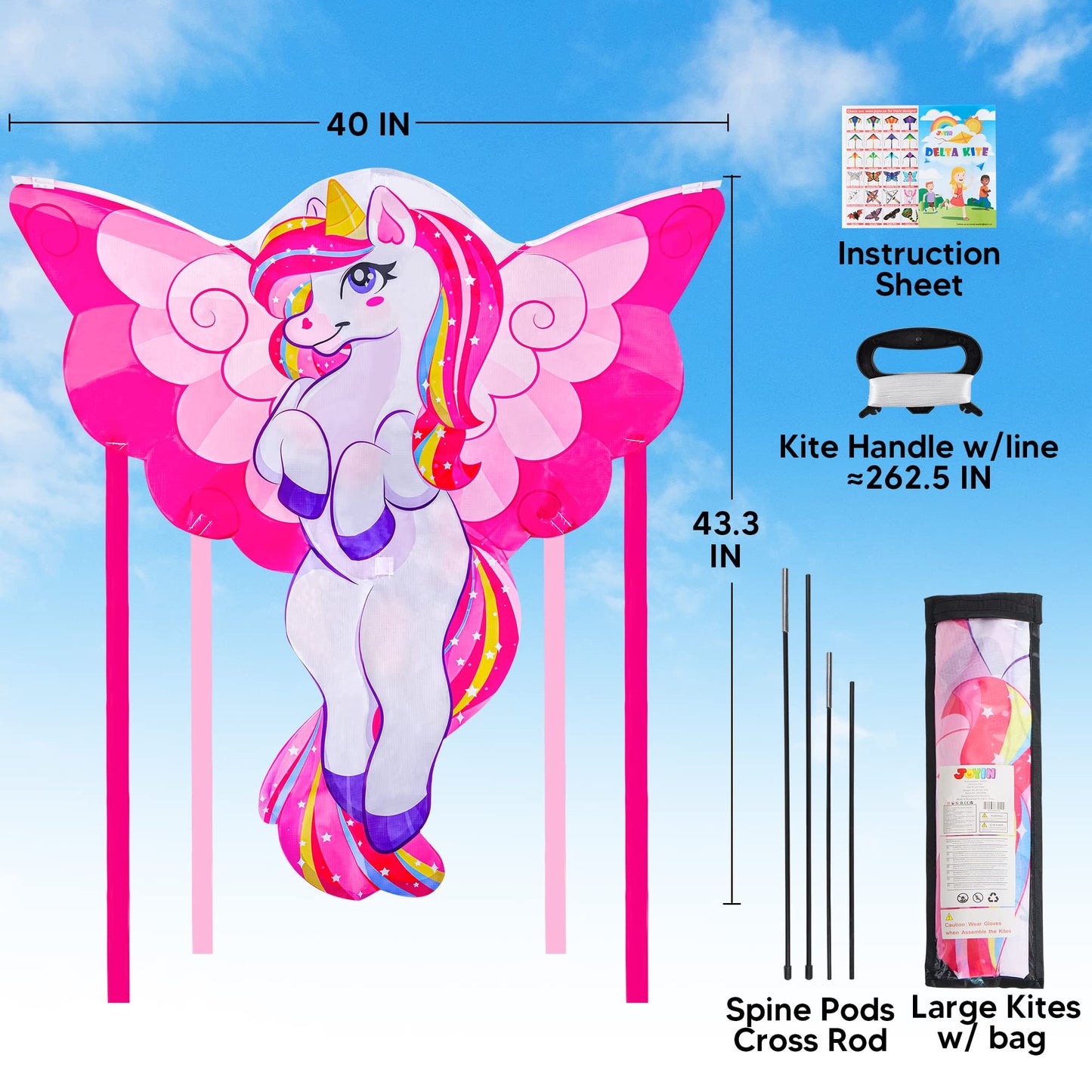 Joyfy 43.3'' Giant Pink Unicorn Kite - Easy to Fly Large Beach Kite for Kids and Adults with 262.5 ft String, Outdoor Games and Activities