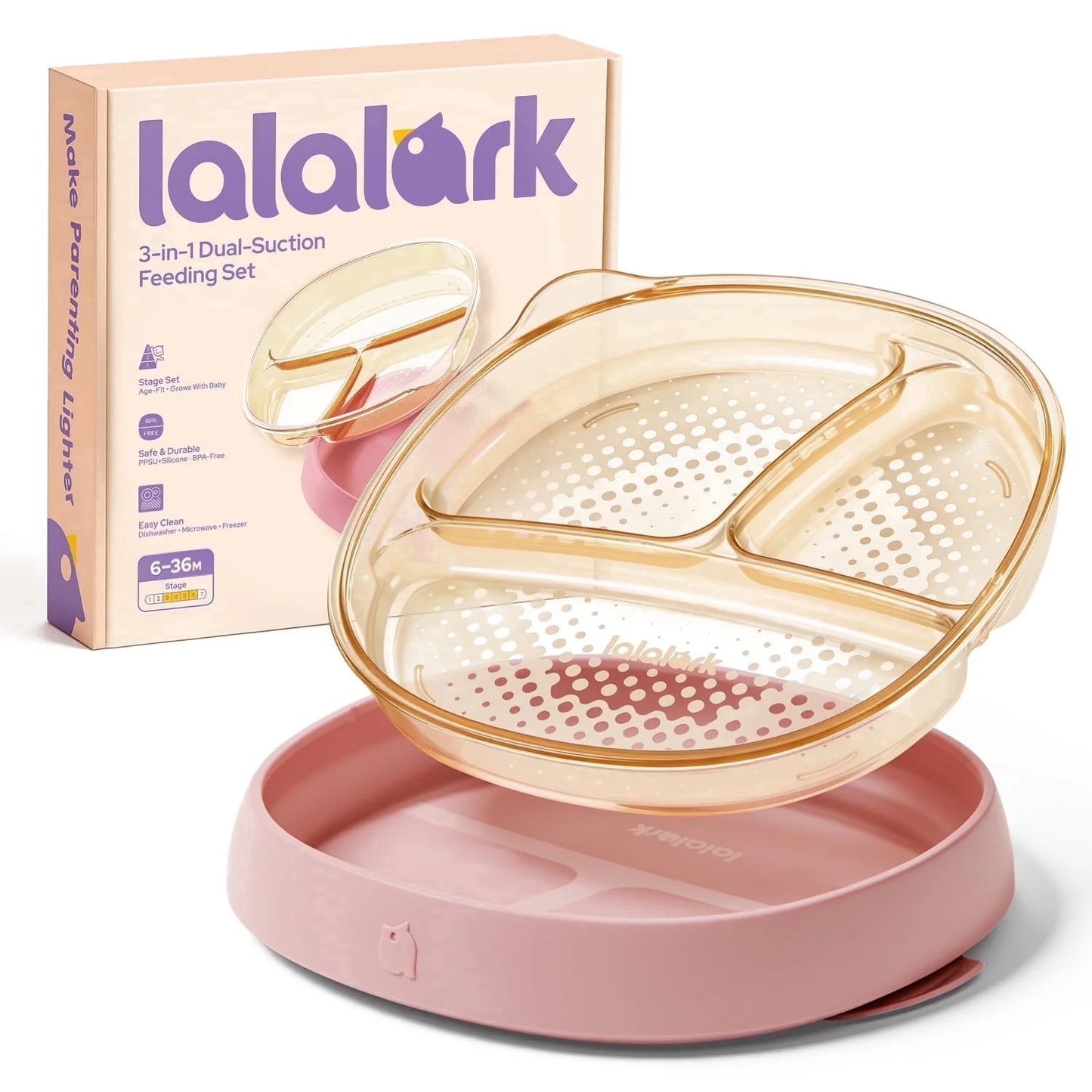 lalalark 3-in-1 Baby Suction Plate for for Toddlers 6-36 Months,Safe Grip Dishes for Toddlers Self Feeding Training