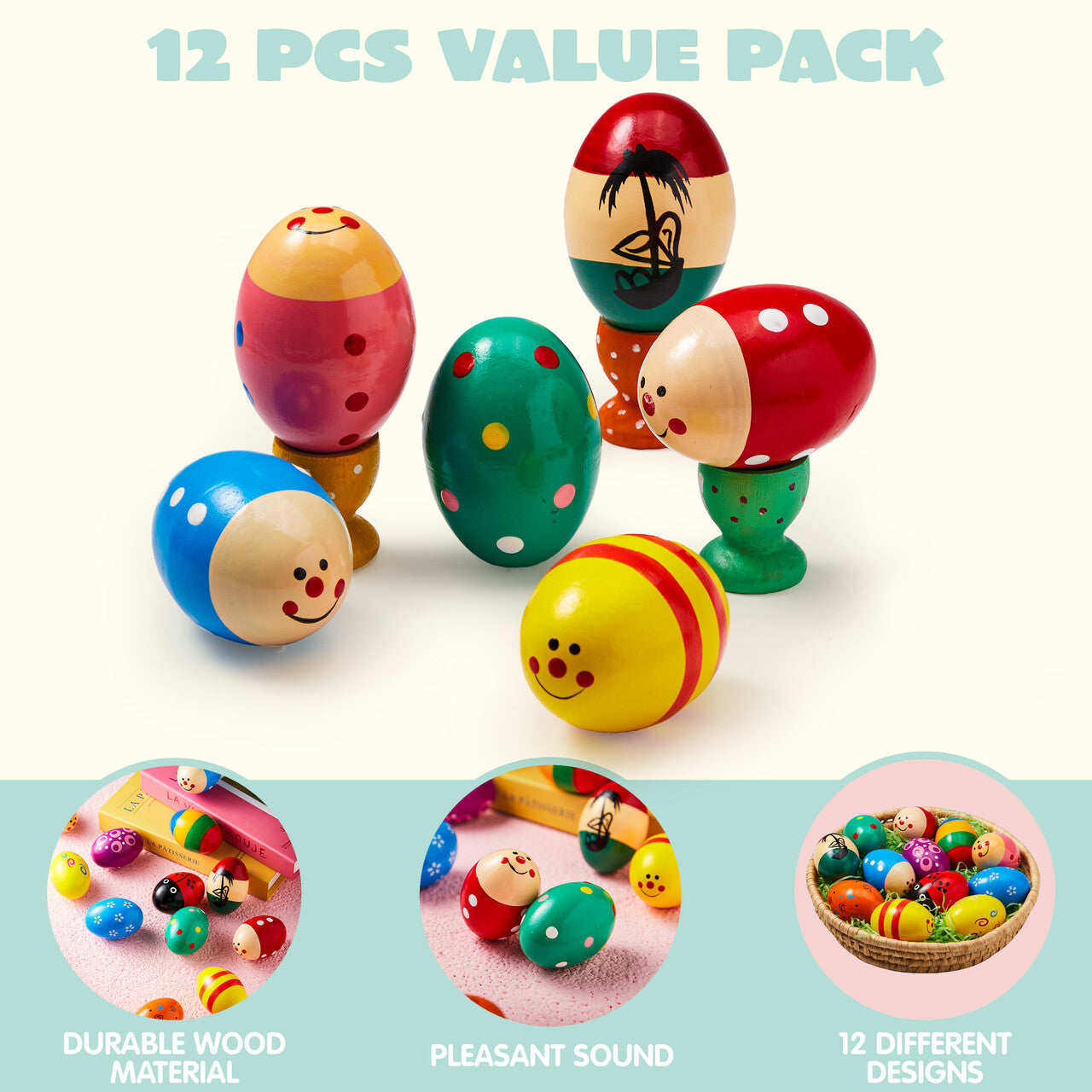 Syncfun 12 pcs 3" Wooden Easter Eggs Shakers Maracas Percussion Musical Toys, Easter Gifts for Kids Toddlers, Easter Basket Stuffers Fillers, Party Favors, Classroom Prize Supplies