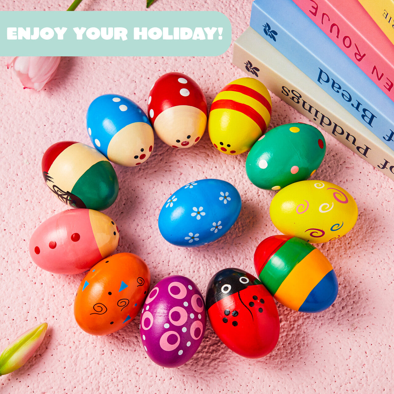 Syncfun 12 pcs 3" Wooden Easter Eggs Shakers Maracas Percussion Musical Toys, Easter Gifts for Kids Toddlers, Easter Basket Stuffers Fillers, Party Favors, Classroom Prize Supplies
