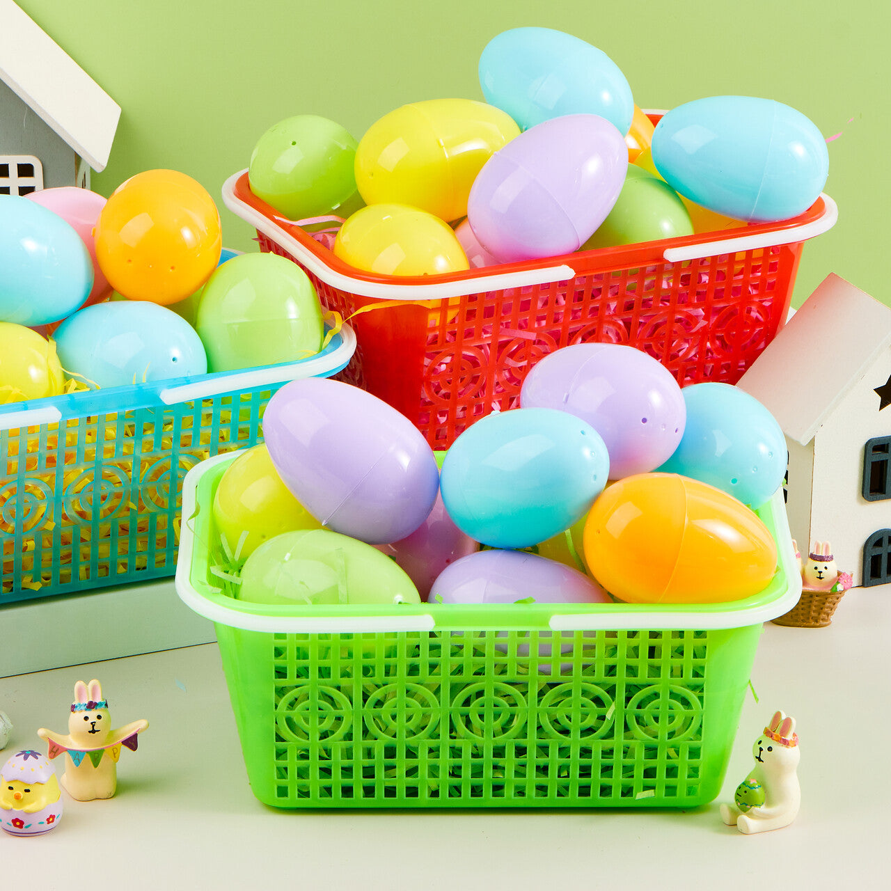 SYNCFUN 6 Pcs Plastic Easter Baskets with (60g) Tricolor Easter Fake Grass Paper Shred(Green,Yellow,Red), Large Easter Egg Baskets with Handles for Easter Egg Hunting, Easter Party Favors