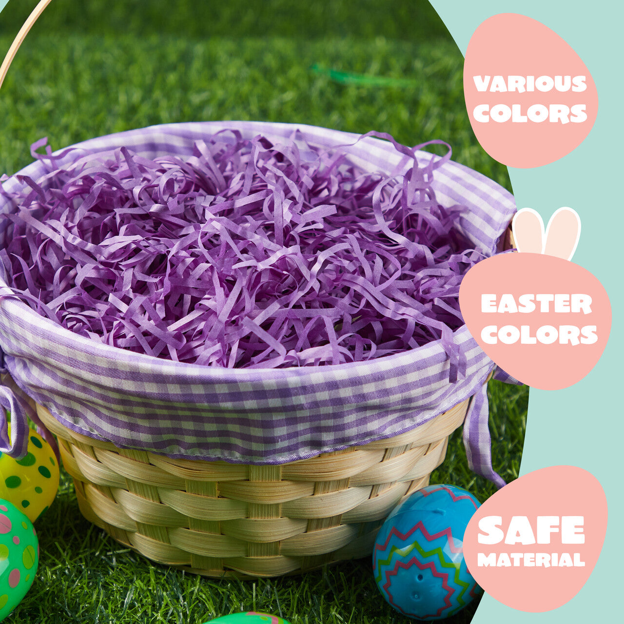 JOYFY 4 Easter Gift Woven Basket with Handle and Easter Papyrus Silk in 4 Colors for Easter Egg Hunting