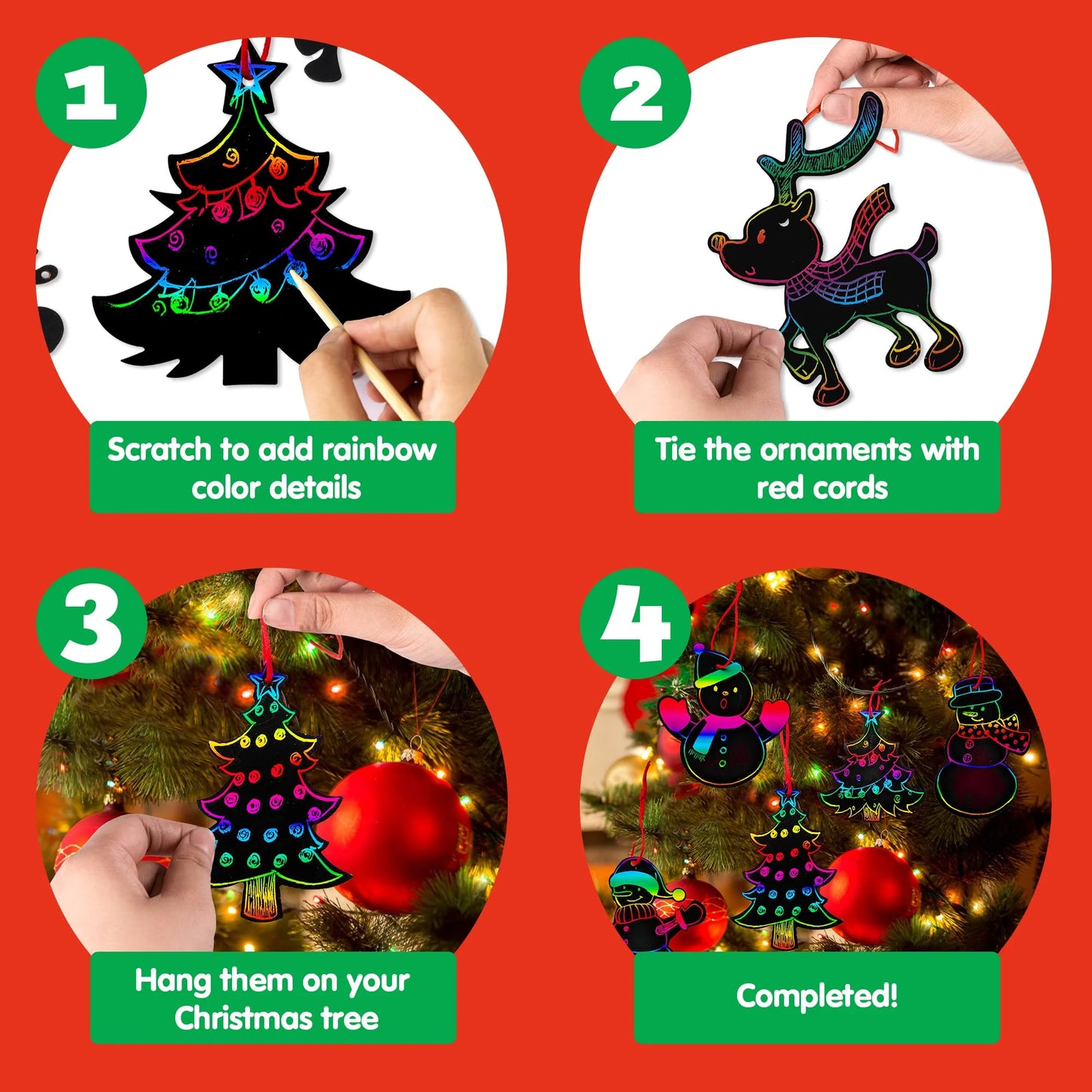 Syncfun 72 Pcs Christmas Scratch Art Ornaments, Rainbow Color Scratch Paper Craft Kit Scratch Off Hanging Ornament for Kids Christmas Party Favor