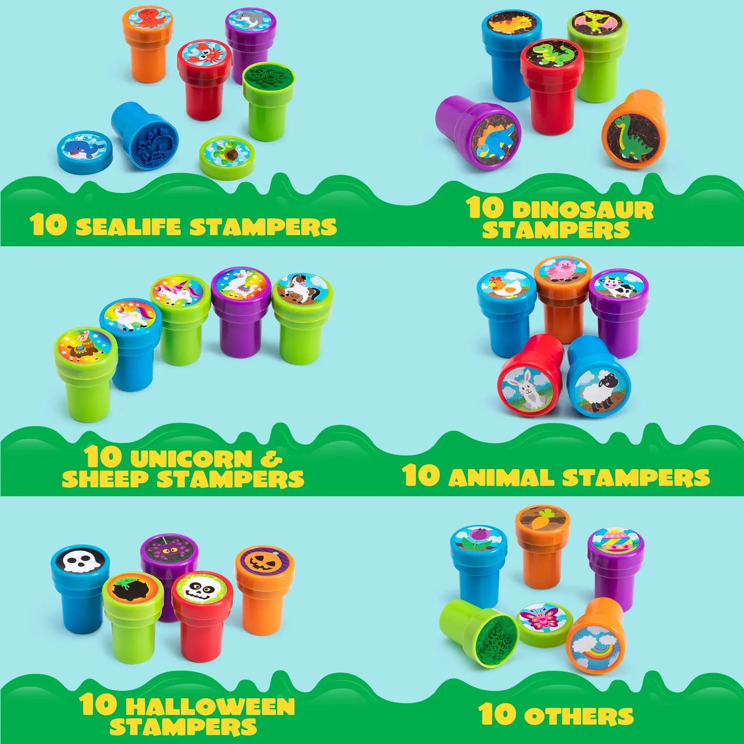 Syncfun 100 Pcs Assorted Stamps for Kids, Self Inking Stamp Sets,50 Different Designs, Dinosaur, Zoo Safari Stampers