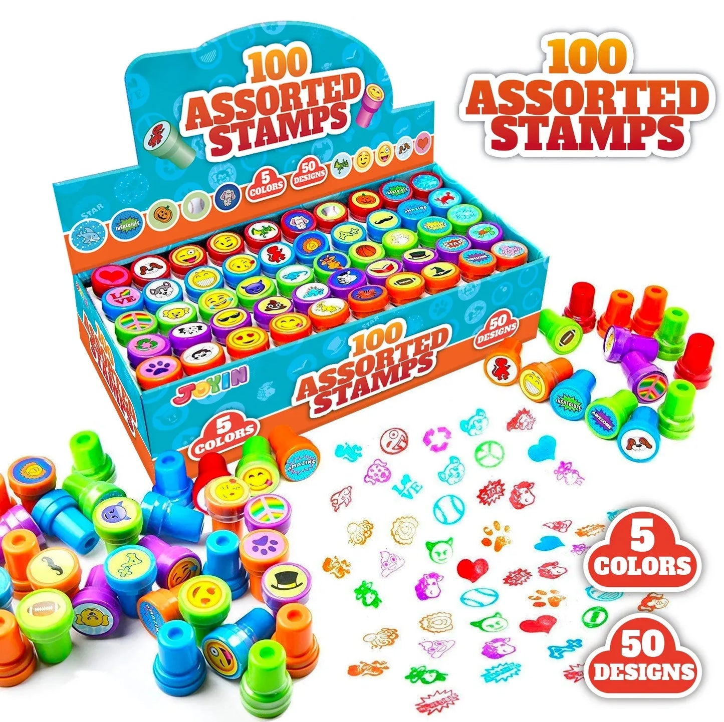 Syncfun 100 Pcs Assorted Stamps for Kids, Self Ink Stamps Sets, for Party Favor, Teacher Stamps, Prize for Classroom, Easter Egg Stuffers