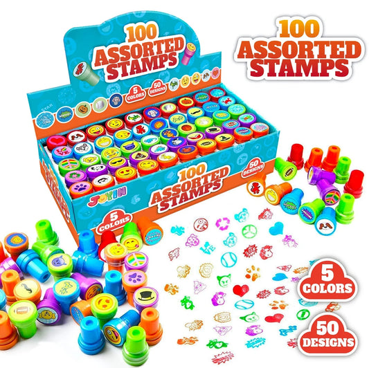 Syncfun 100 Pcs Assorted Stamps for Kids, Self Ink Stamps Sets, for Party Favor, Teacher Stamps, Prize for Classroom, Easter Egg Stuffers