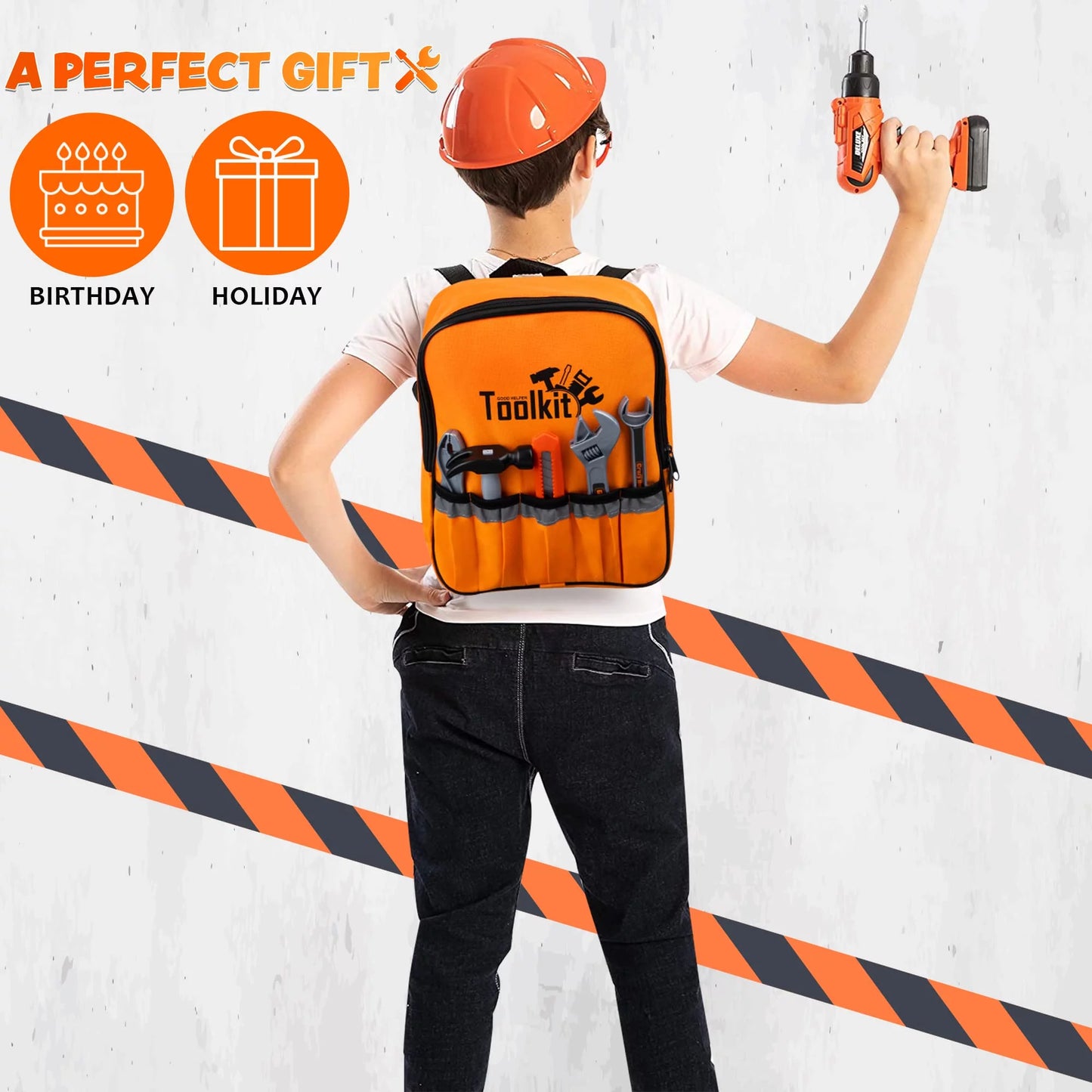 Syncfun 32Pcs Kids Tool Set, Construction Pretend Play with Backpack Costume & Electronic Drill Toy for Boy & Girl Birthday Dress Up Party