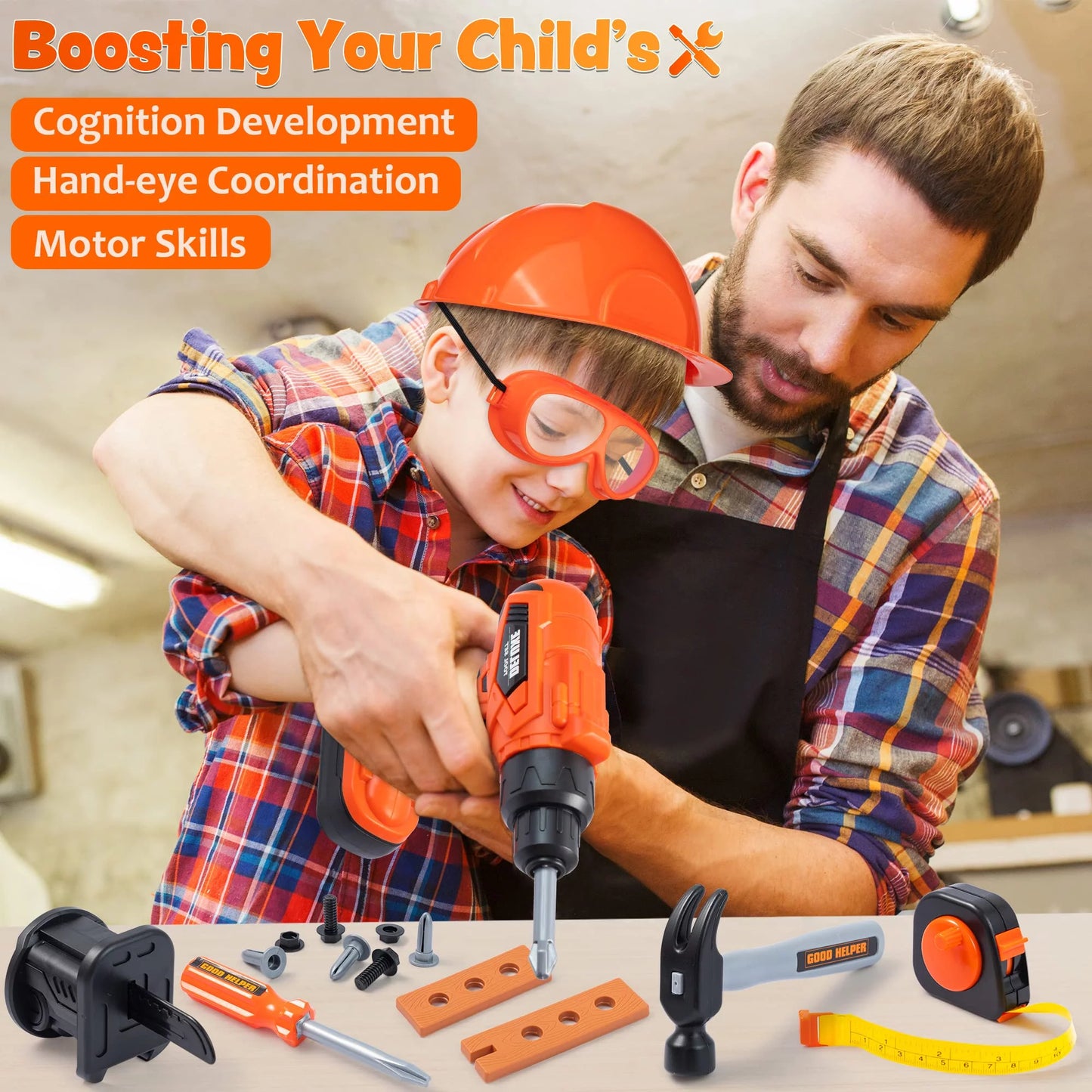 Syncfun 32Pcs Kids Tool Set, Construction Pretend Play with Backpack Costume & Electronic Drill Toy for Boy & Girl Birthday Dress Up Party