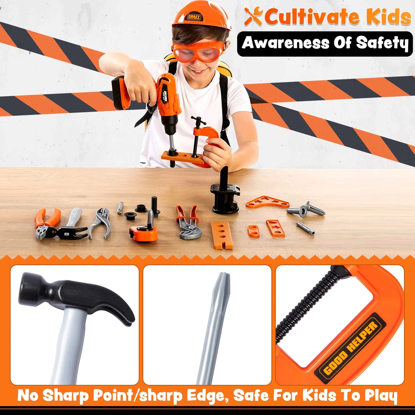 Syncfun 32Pcs Kids Tool Set, Construction Pretend Play with Backpack Costume & Electronic Drill Toy for Boy & Girl Birthday Dress Up Party