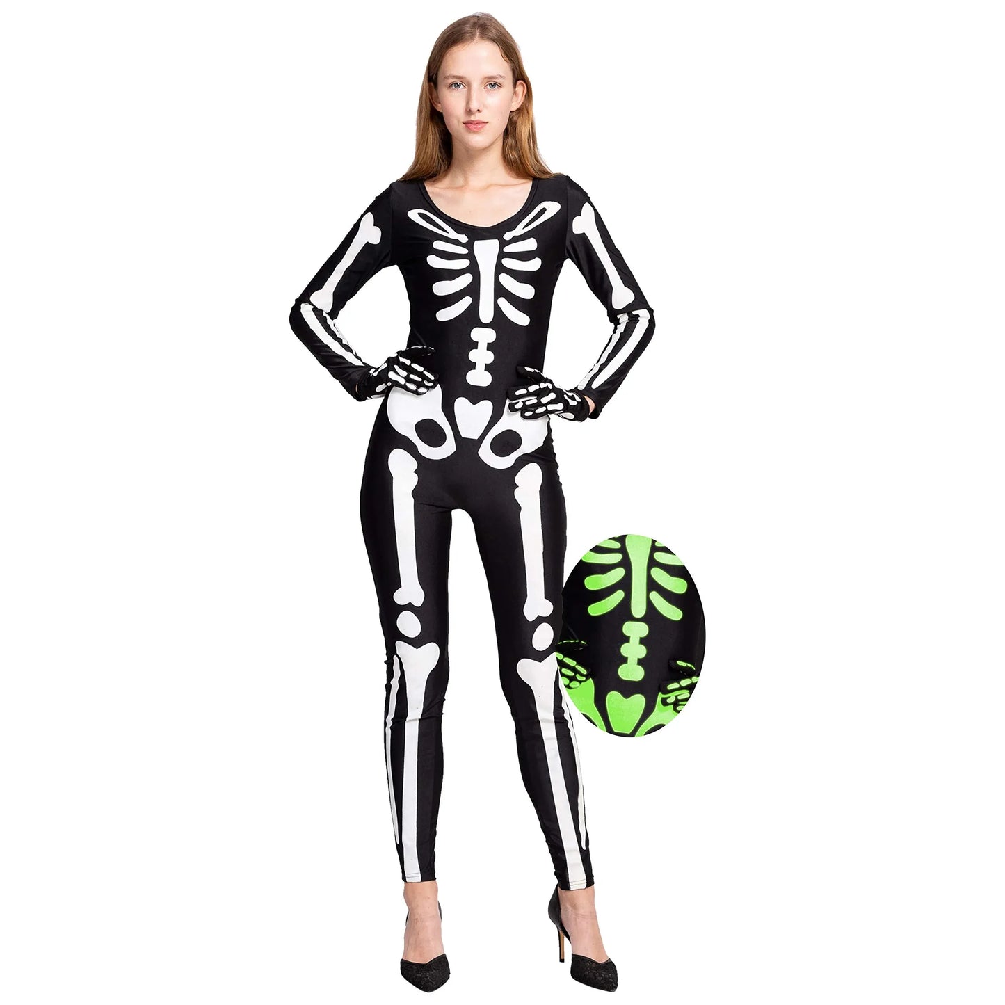 Syncfun Skeleton Bodysuit for Women Halloween with Glow Patterns and Matching Skeleton Gloves