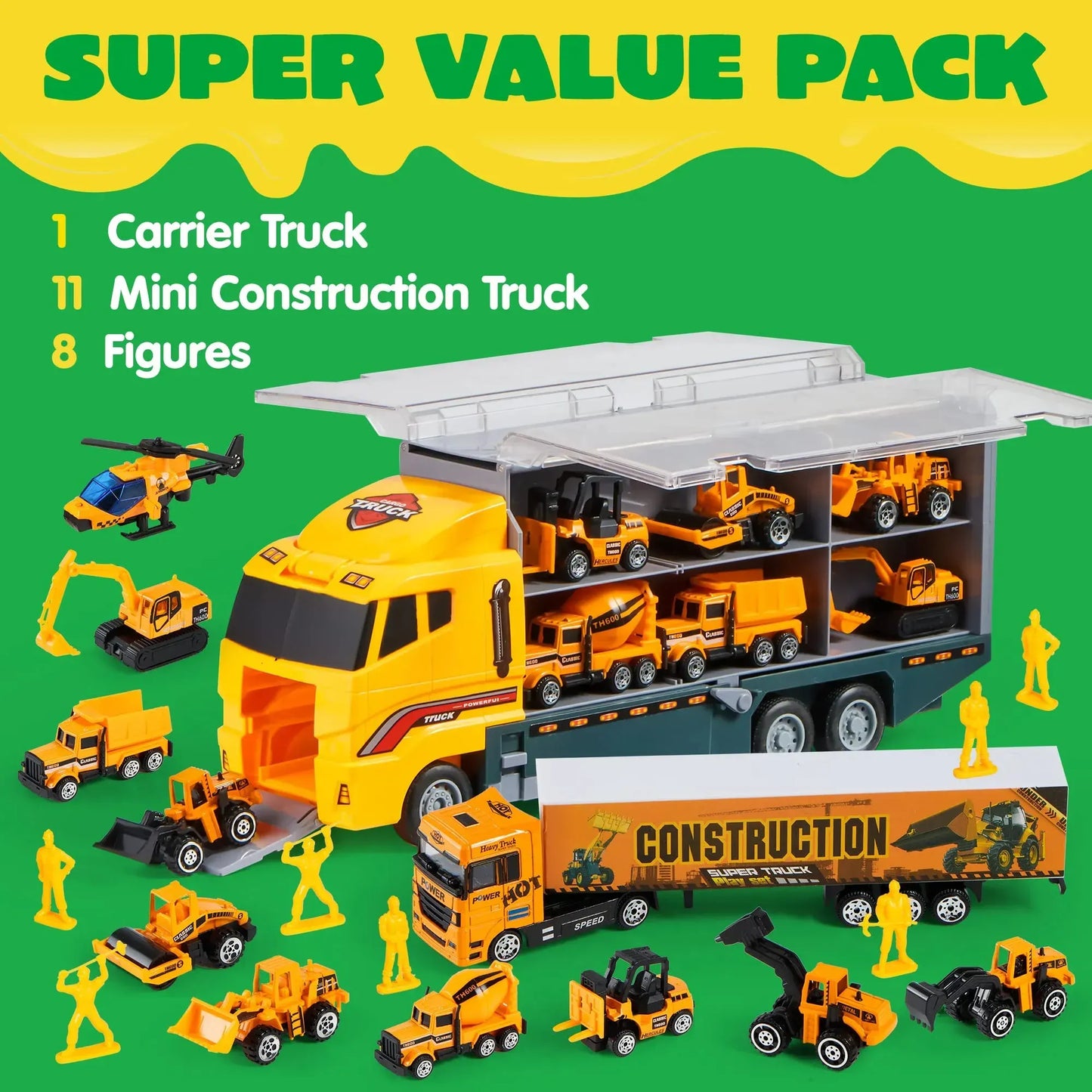 Syncfun 19 in 1 Die-cast Construction Toy Truck with Little Figures, Mini Construction Vehicles in Big Carrier Truck, Patrol Rescue Helicopter for Boys Aged 3+