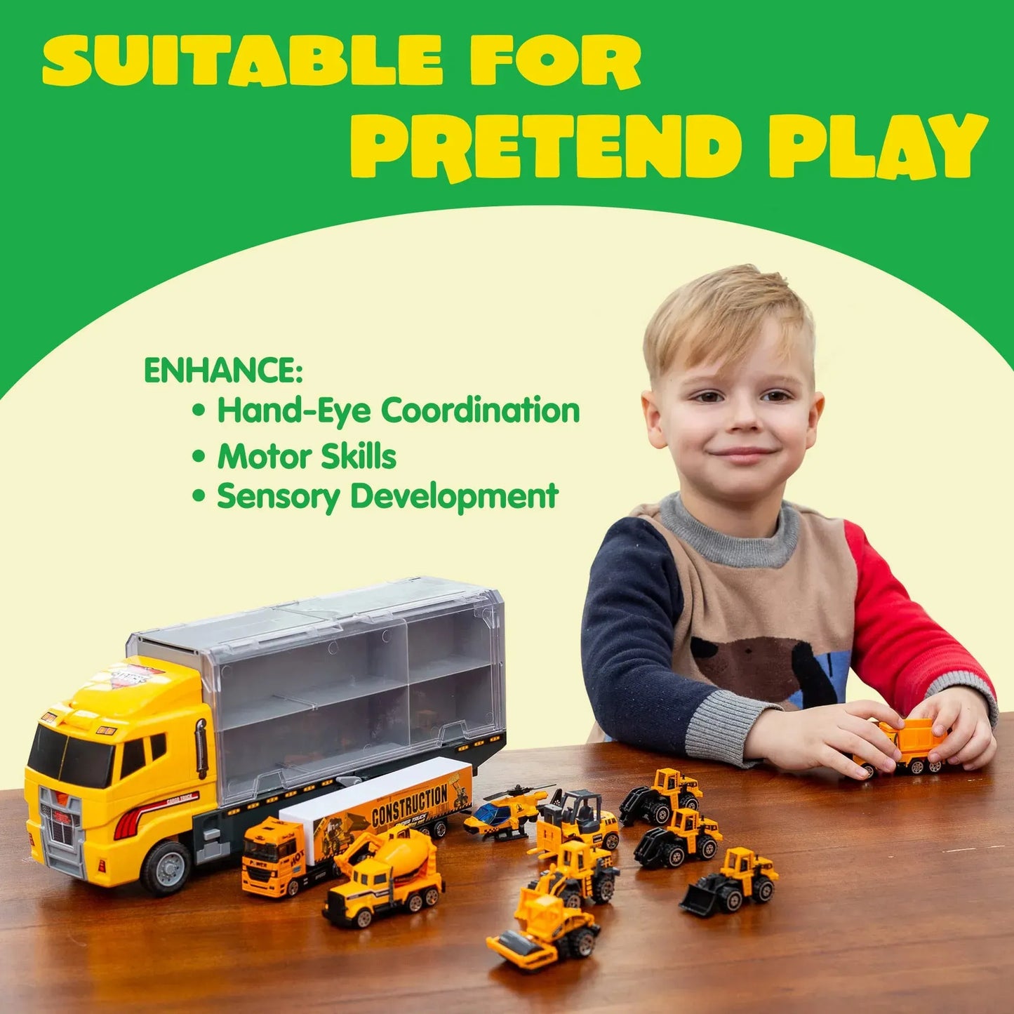 Syncfun 19 in 1 Die-cast Construction Toy Truck with Little Figures, Mini Construction Vehicles in Big Carrier Truck, Patrol Rescue Helicopter for Boys Aged 3+