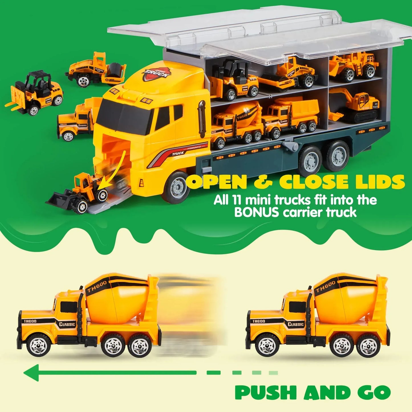 Syncfun 19 in 1 Die-cast Construction Toy Truck with Little Figures, Mini Construction Vehicles in Big Carrier Truck, Patrol Rescue Helicopter for Boys Aged 3+