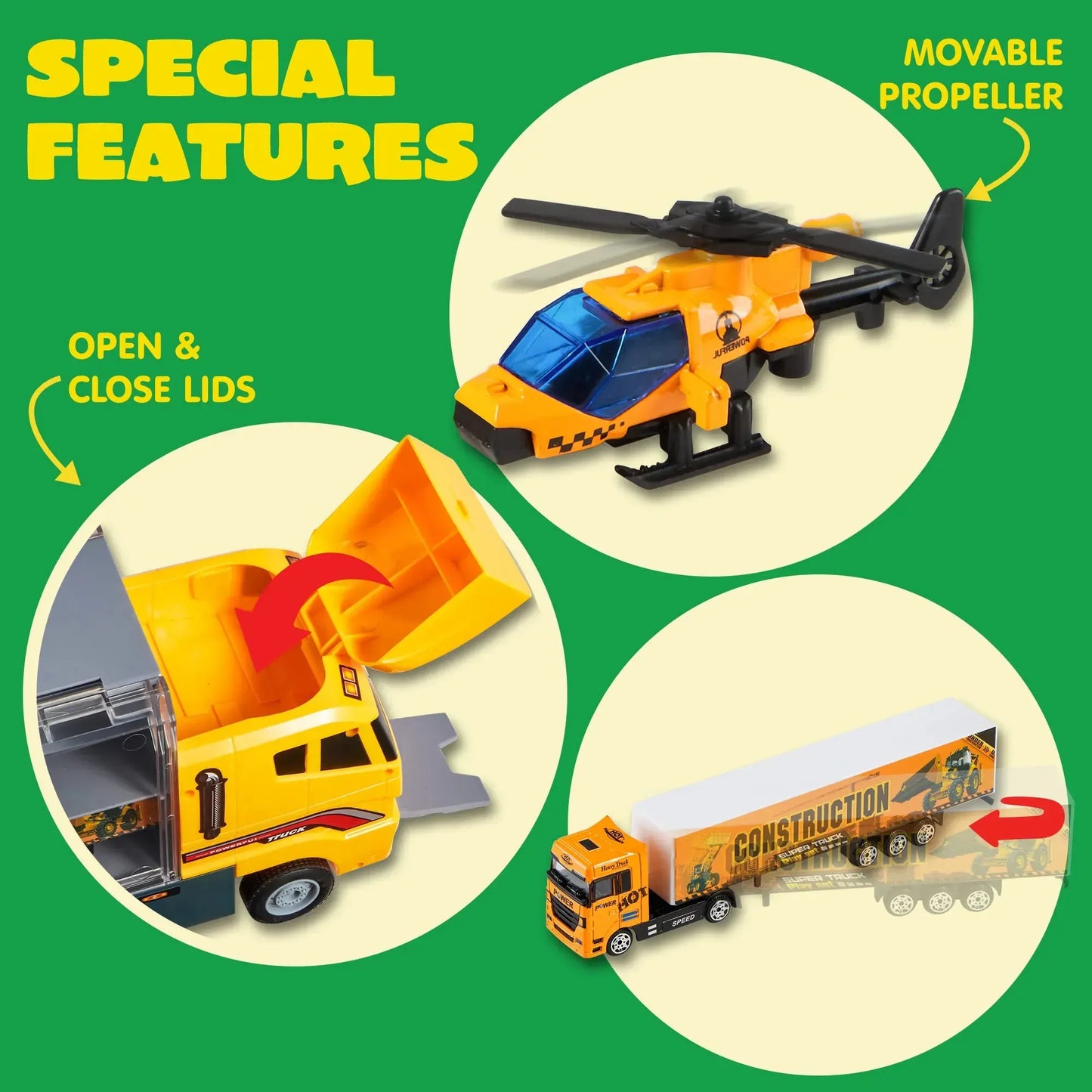 Syncfun 19 in 1 Die-cast Construction Toy Truck with Little Figures, Mini Construction Vehicles in Big Carrier Truck, Patrol Rescue Helicopter for Boys Aged 3+