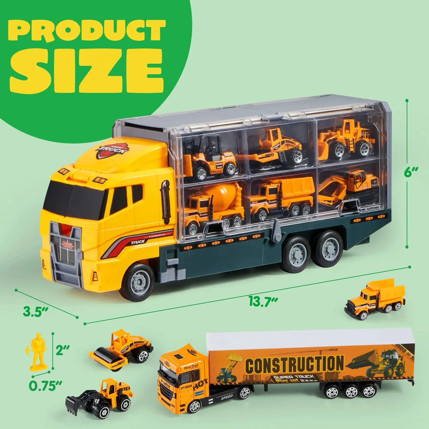 Syncfun 19 in 1 Die-cast Construction Toy Truck with Little Figures, Mini Construction Vehicles in Big Carrier Truck, Patrol Rescue Helicopter for Boys Aged 3+