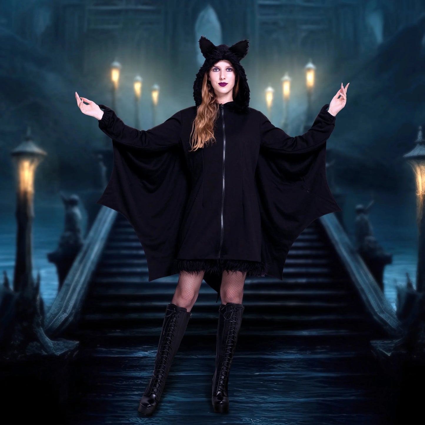 Syncfun Womens Black Bat Zip Hoodie Halloween Costumes for Adults, Bat Halloween Costume Cosplay