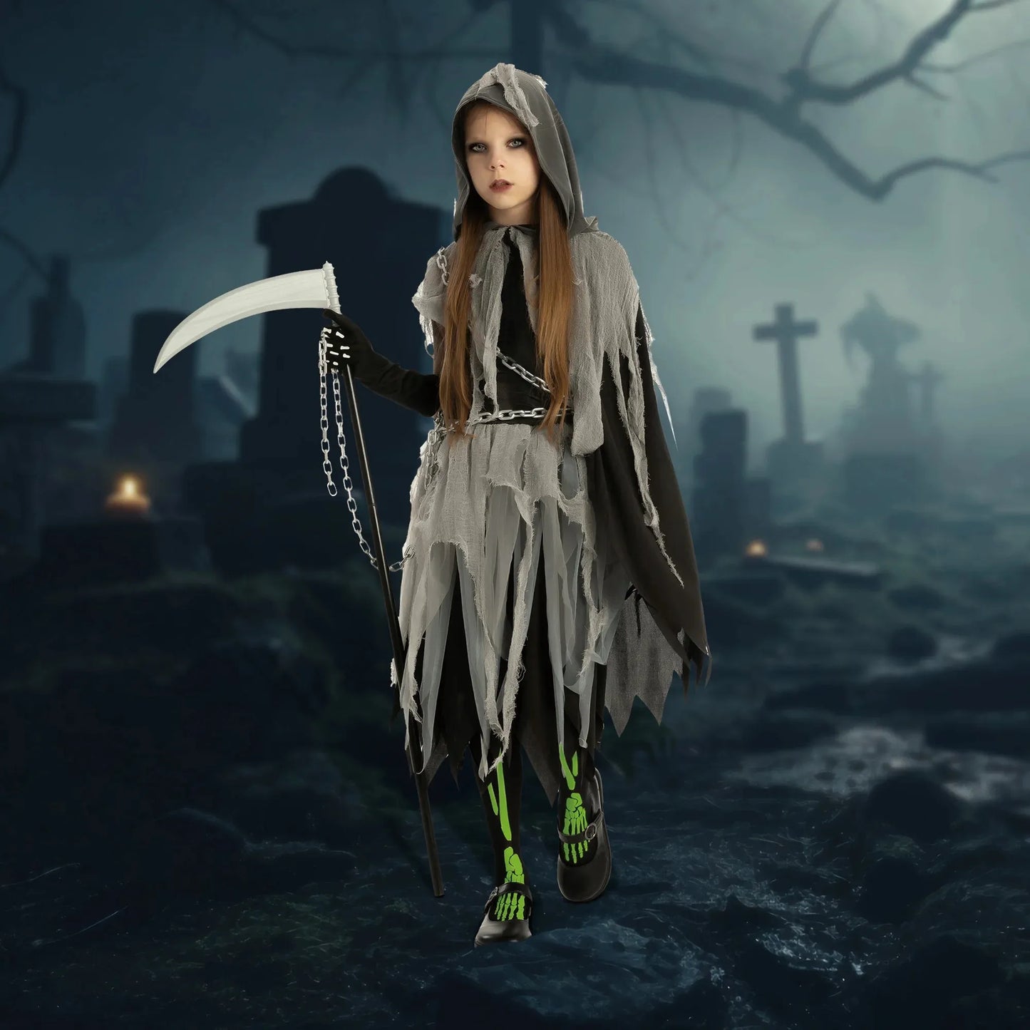 Syncfun Grim Reaper Costume for Kids, Glow in the Dark Grim Reaper Costumes with Gloves and Tights Scary Halloween Costume for Girls & Toddlers Age Up to 14 Years