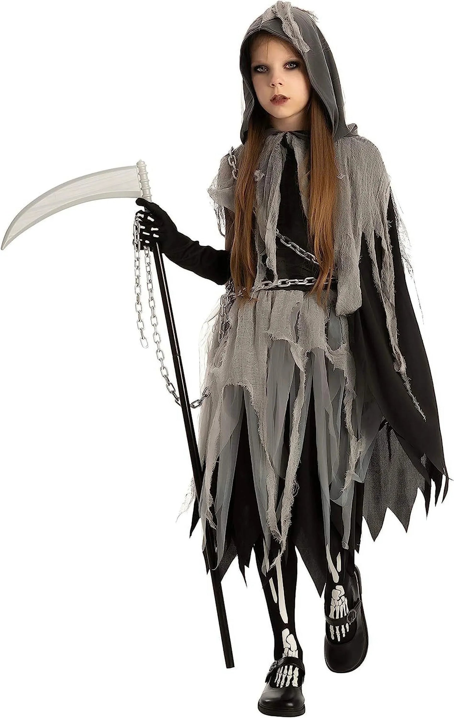 Syncfun Grim Reaper Costume for Kids, Glow in the Dark Grim Reaper Costumes with Gloves and Tights Scary Halloween Costume for Girls & Toddlers Age Up to 14 Years