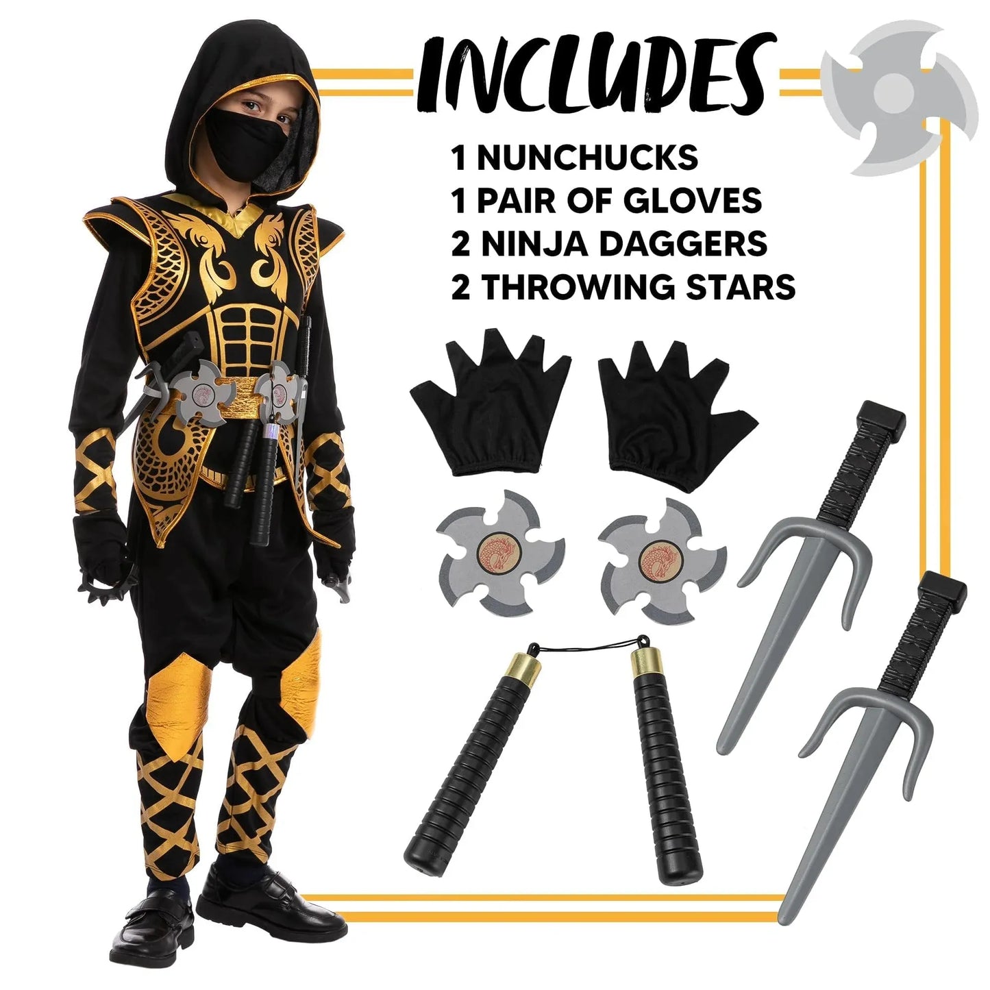 Syncfun Golden Ninja Costume for Kids Boys Halloween Dress Up Age Up to 12 Years