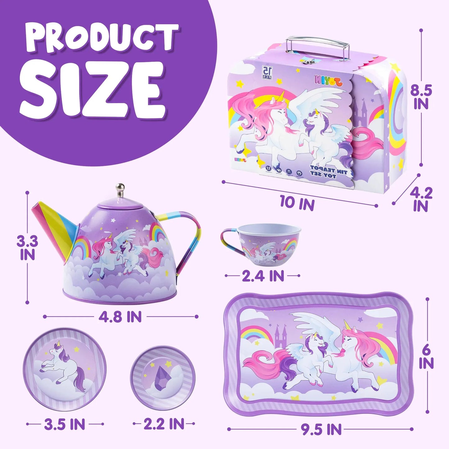 Syncfun Kid Tea Set, Unicorn Tea Party Set for Girls, Princess Pretend Play Tin Teapot Set Kitchen Toy for Kids Toddlers 2 3 4 5 6 Years Old, Purple