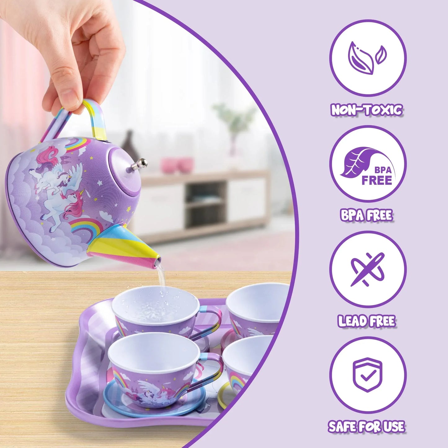 Syncfun Kid Tea Set, Unicorn Tea Party Set for Girls, Princess Pretend Play Tin Teapot Set Kitchen Toy for Kids Toddlers 2 3 4 5 6 Years Old, Purple