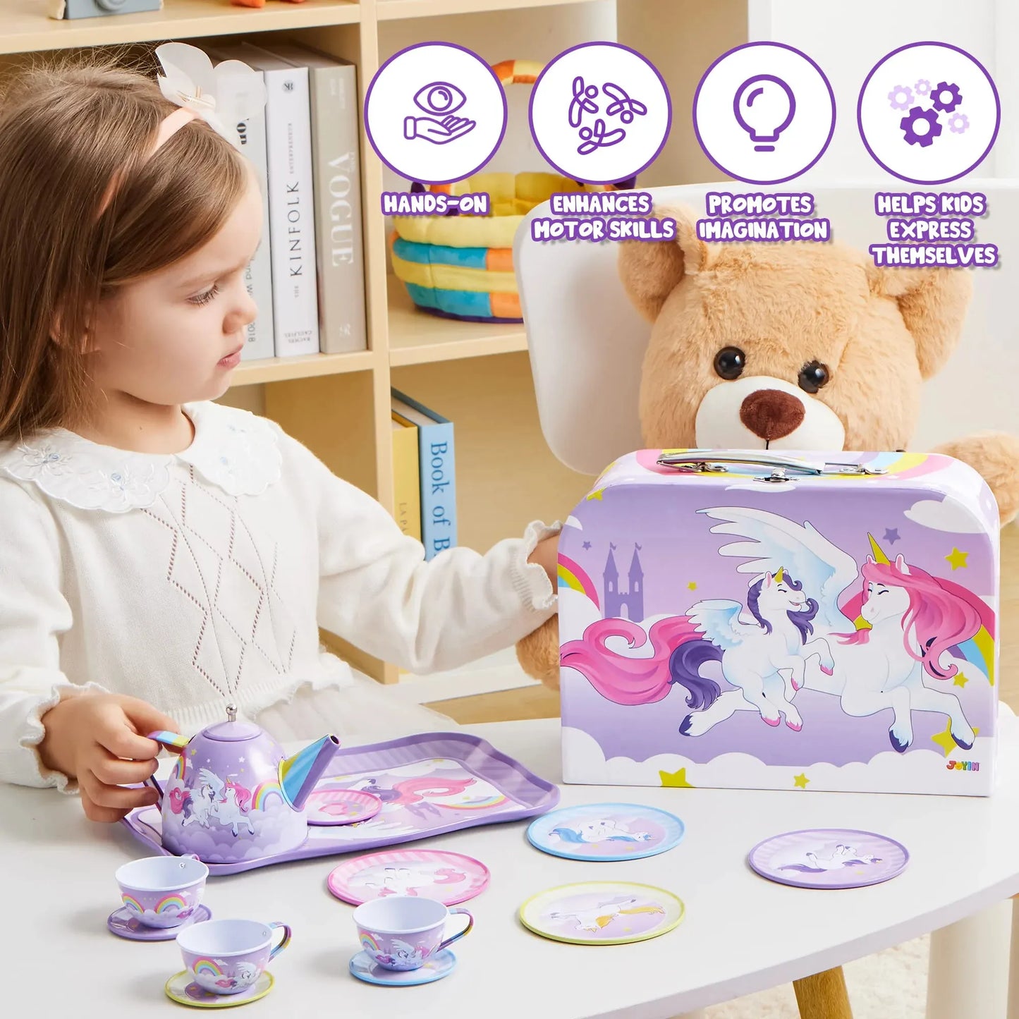 Syncfun Kid Tea Set, Unicorn Tea Party Set for Girls, Princess Pretend Play Tin Teapot Set Kitchen Toy for Kids Toddlers 2 3 4 5 6 Years Old, Purple