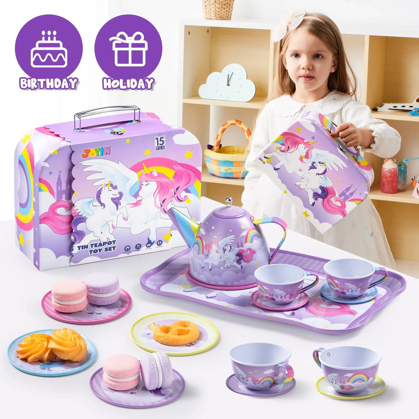 Syncfun Kid Tea Set, Unicorn Tea Party Set for Girls, Princess Pretend Play Tin Teapot Set Kitchen Toy for Kids Toddlers 2 3 4 5 6 Years Old, Purple