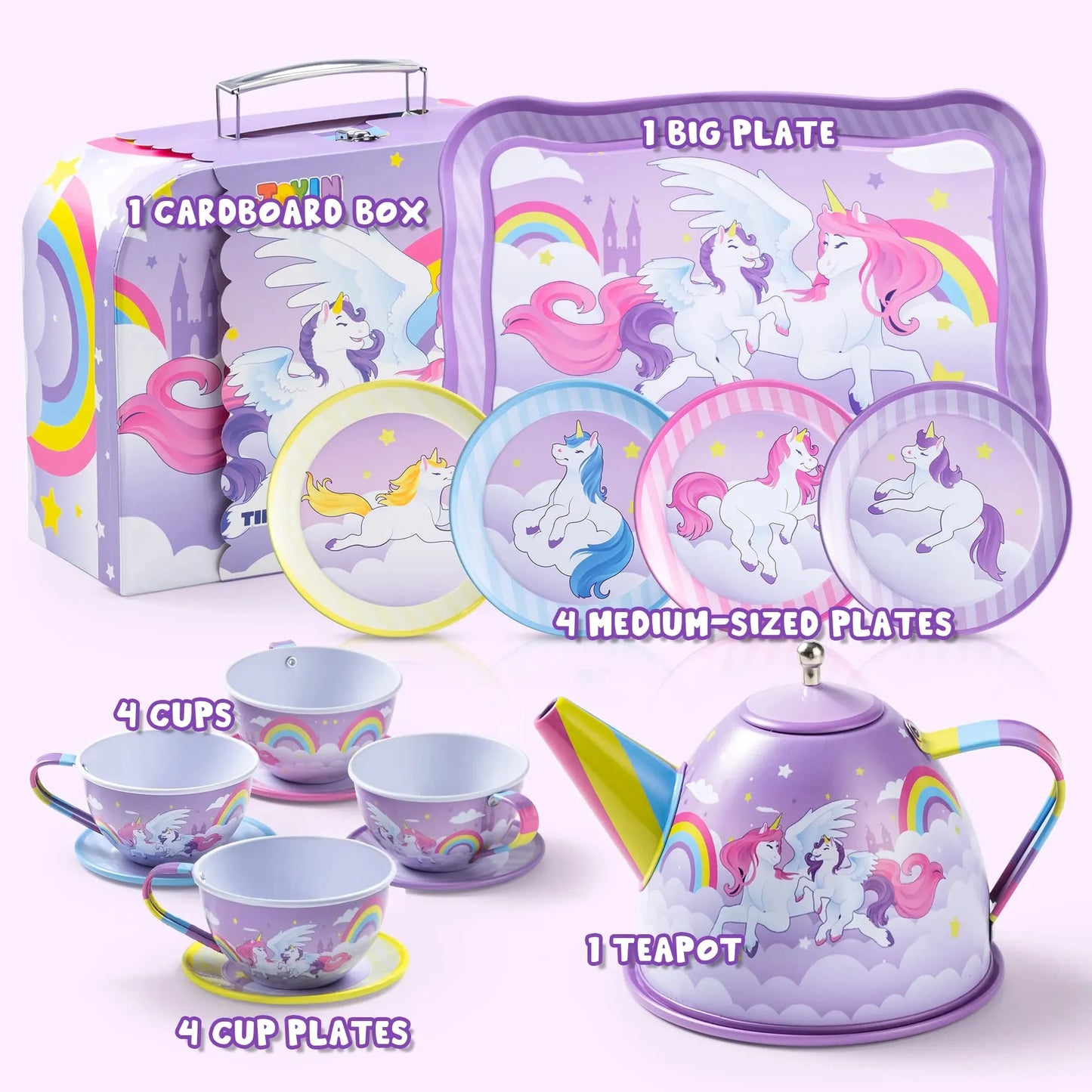 Syncfun Kid Tea Set, Unicorn Tea Party Set for Girls, Princess Pretend Play Tin Teapot Set Kitchen Toy for Kids Toddlers 2 3 4 5 6 Years Old, Purple