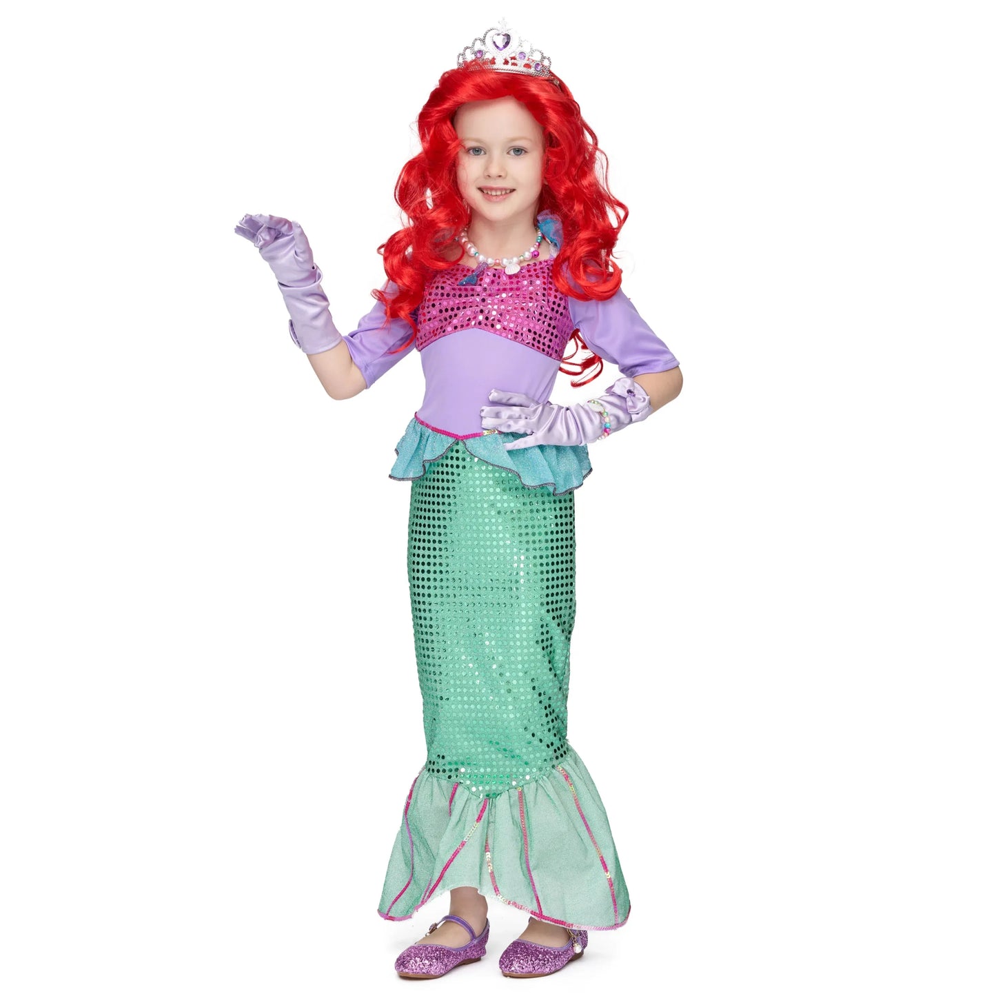 Syncfun Little Mermaid Costume for Girls, Cute Mermaid Costume Set with Red Wig for Kids Halloween Themed Party Role Playing Cosplay 3-7 Years