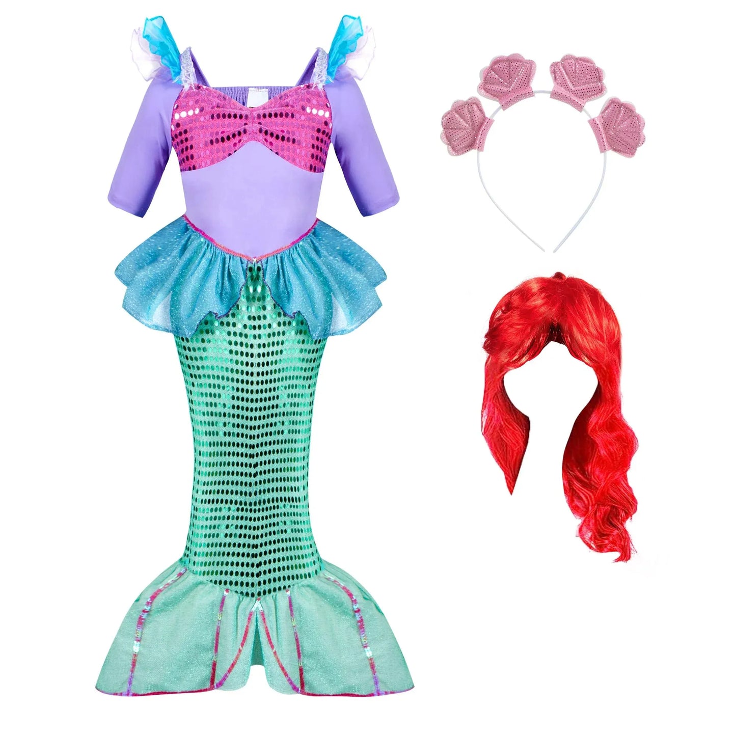 Syncfun Little Mermaid Costume for Girls, Cute Mermaid Costume Set with Red Wig for Kids Halloween Themed Party Role Playing Cosplay 3-7 Years