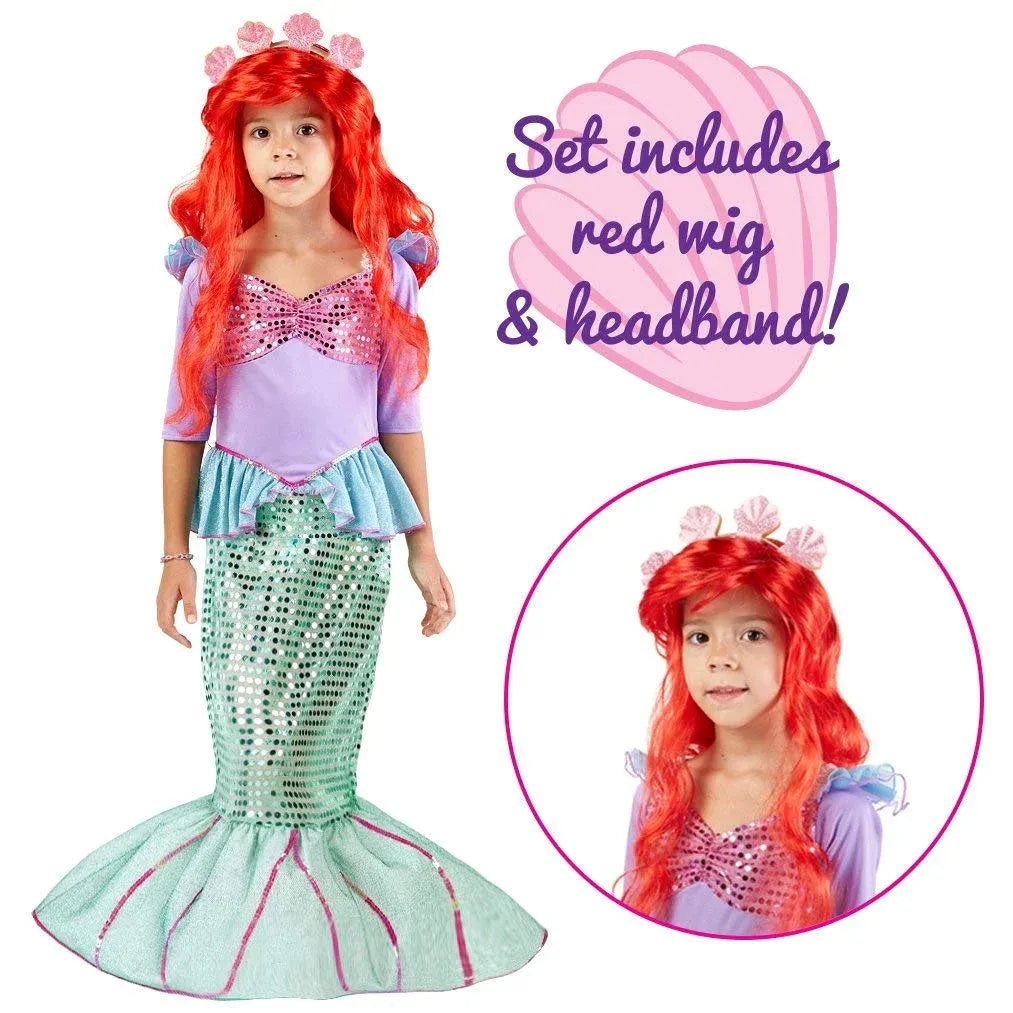 Syncfun Little Mermaid Costume for Girls, Cute Mermaid Costume Set with Red Wig for Kids Halloween Themed Party Role Playing Cosplay 3-7 Years